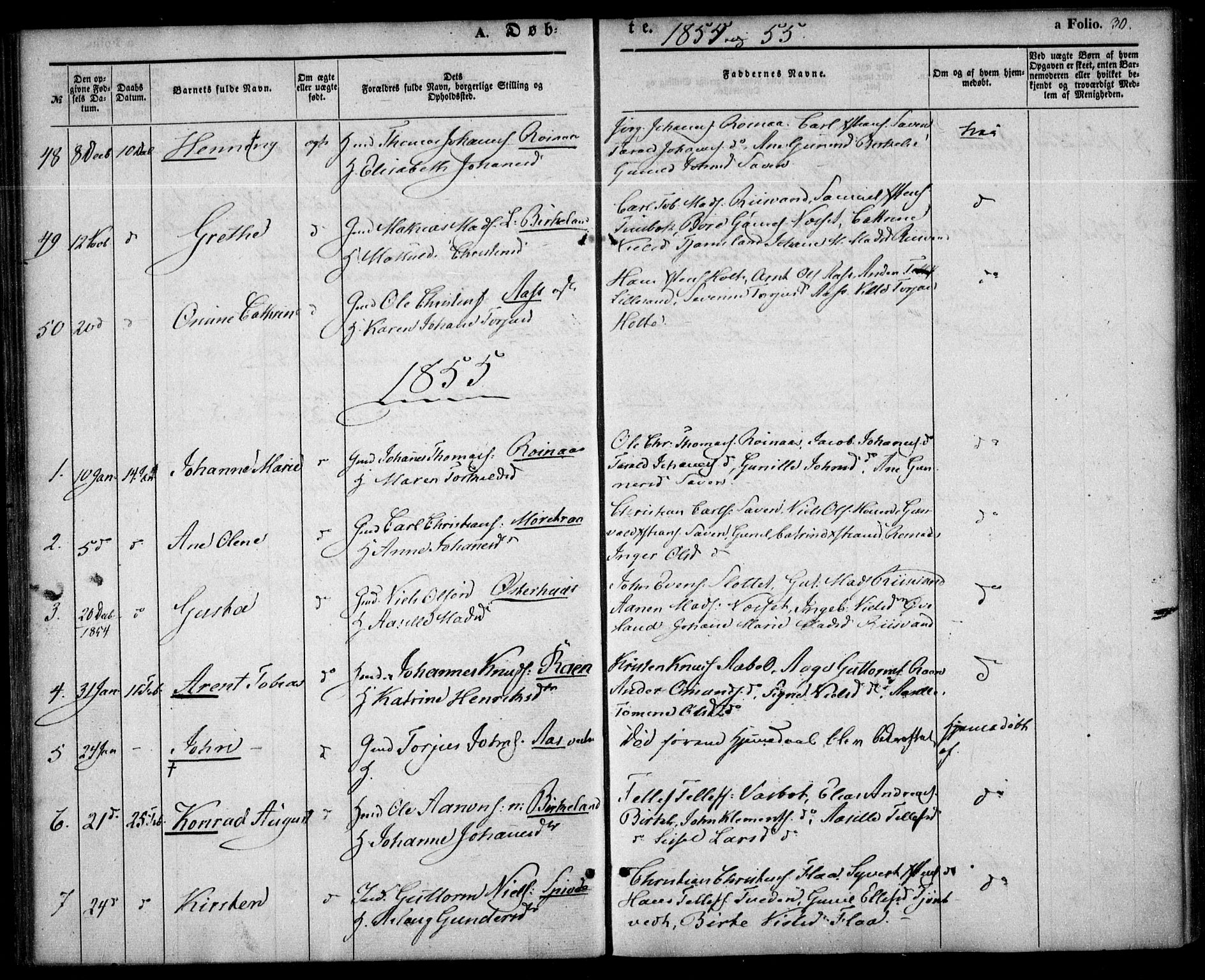 Birkenes sokneprestkontor, AV/SAK-1111-0004/F/Fa/L0003: Parish register (official) no. A 3, 1850-1866, p. 30