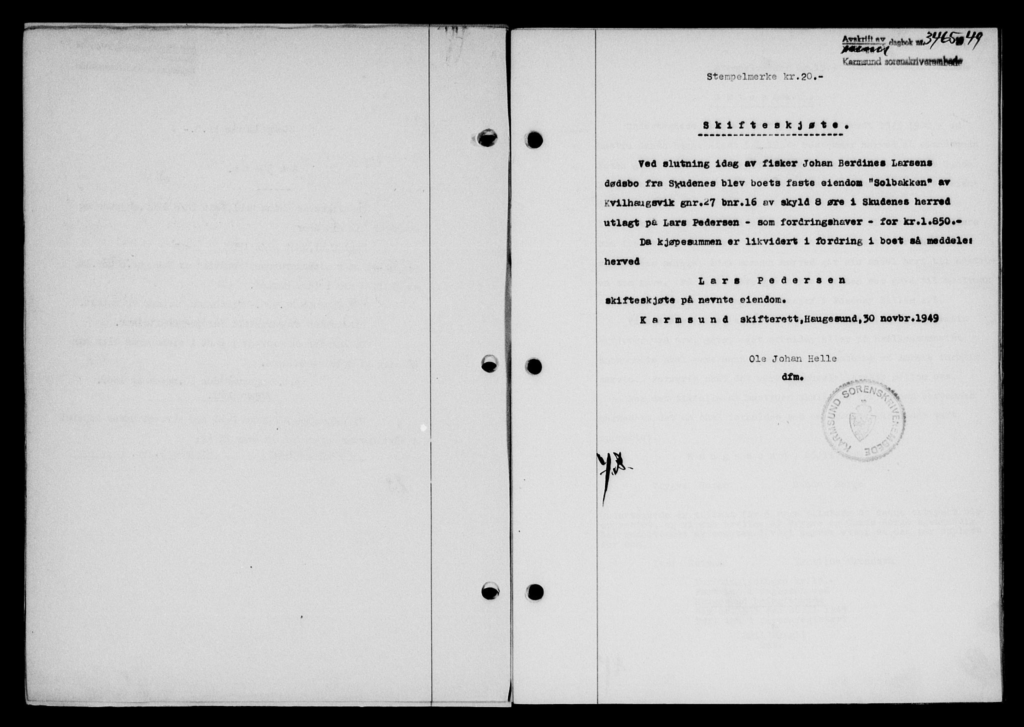 Karmsund sorenskriveri, SAST/A-100311/01/II/IIB/L0098: Mortgage book no. 78A, 1949-1950, Diary no: : 3465/1949