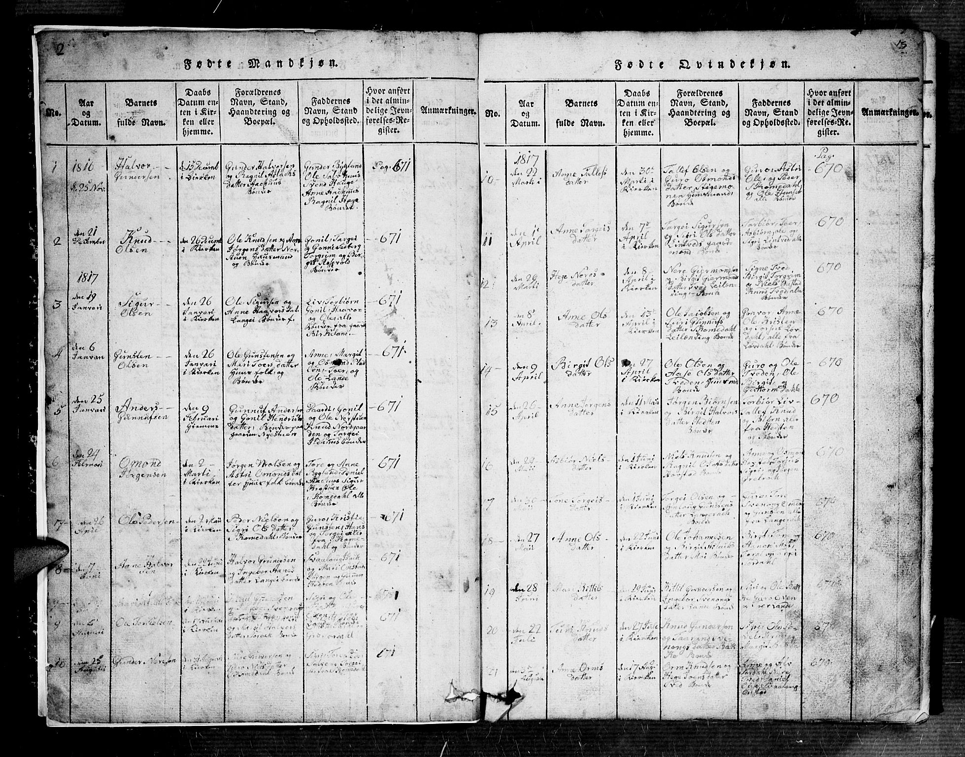 Bygland sokneprestkontor, SAK/1111-0006/F/Fb/Fbb/L0001: Parish register (copy) no. B 1, 1816-1843, p. 2-3