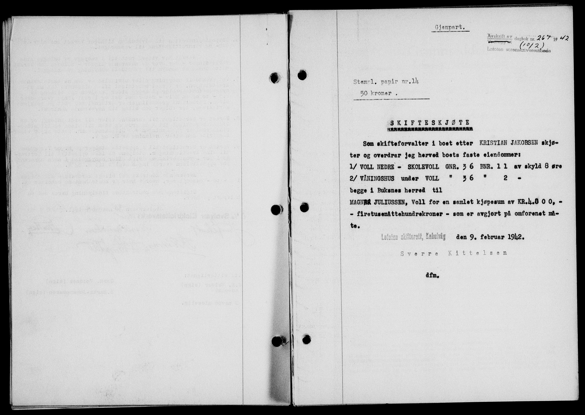 Lofoten sorenskriveri, SAT/A-0017/1/2/2C/L0009a: Mortgage book no. 9a, 1941-1942, Diary no: : 267/1942