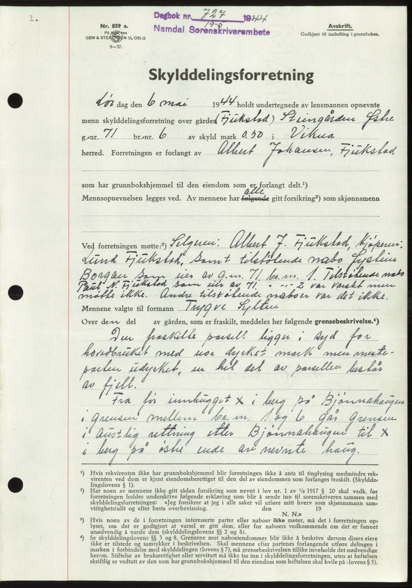 Namdal sorenskriveri, SAT/A-4133/1/2/2C: Mortgage book no. -, 1944-1945, Diary no: : 727/1944
