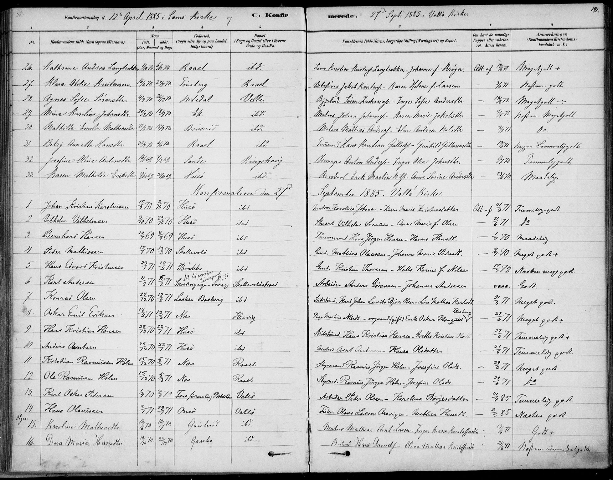 Sem kirkebøker, AV/SAKO-A-5/F/Fb/L0004: Parish register (official) no. II 4, 1878-1891, p. 191