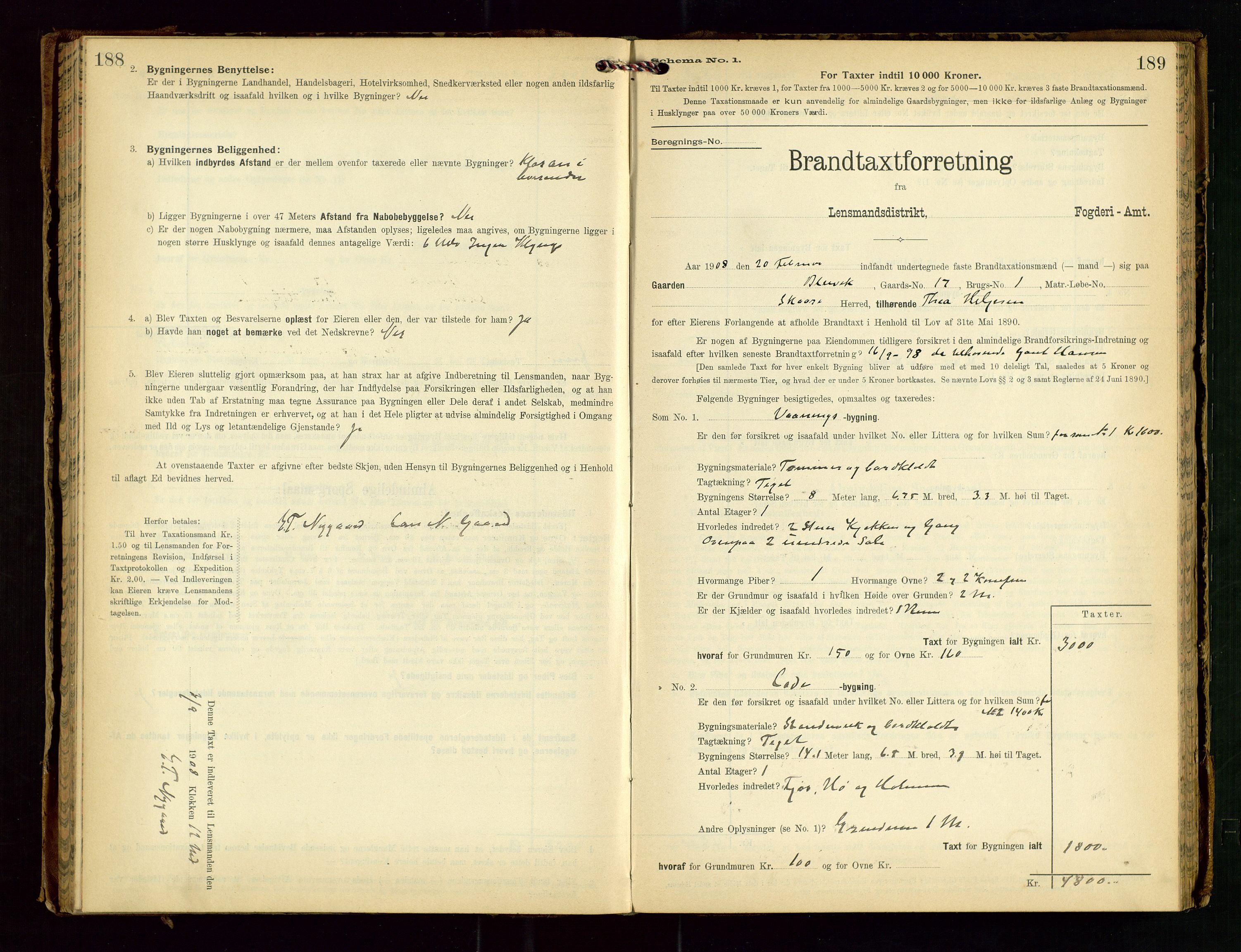 Torvestad lensmannskontor, AV/SAST-A-100307/1/Gob/L0003: "Brandtaxationsprotokol for Torvestad Lensmannsdistrikt", 1905-1909, p. 188-189