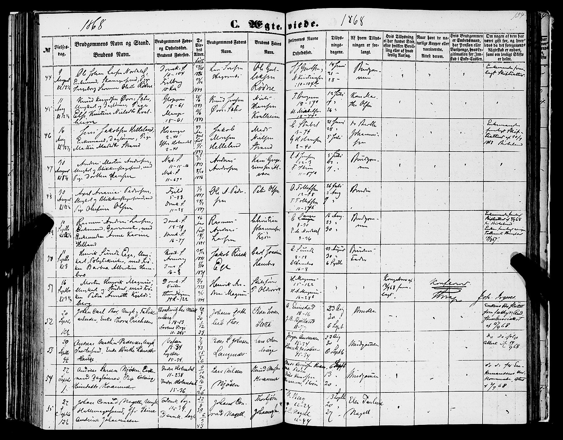Domkirken sokneprestembete, SAB/A-74801/H/Haa/L0034: Parish register (official) no. D 2, 1853-1874, p. 134