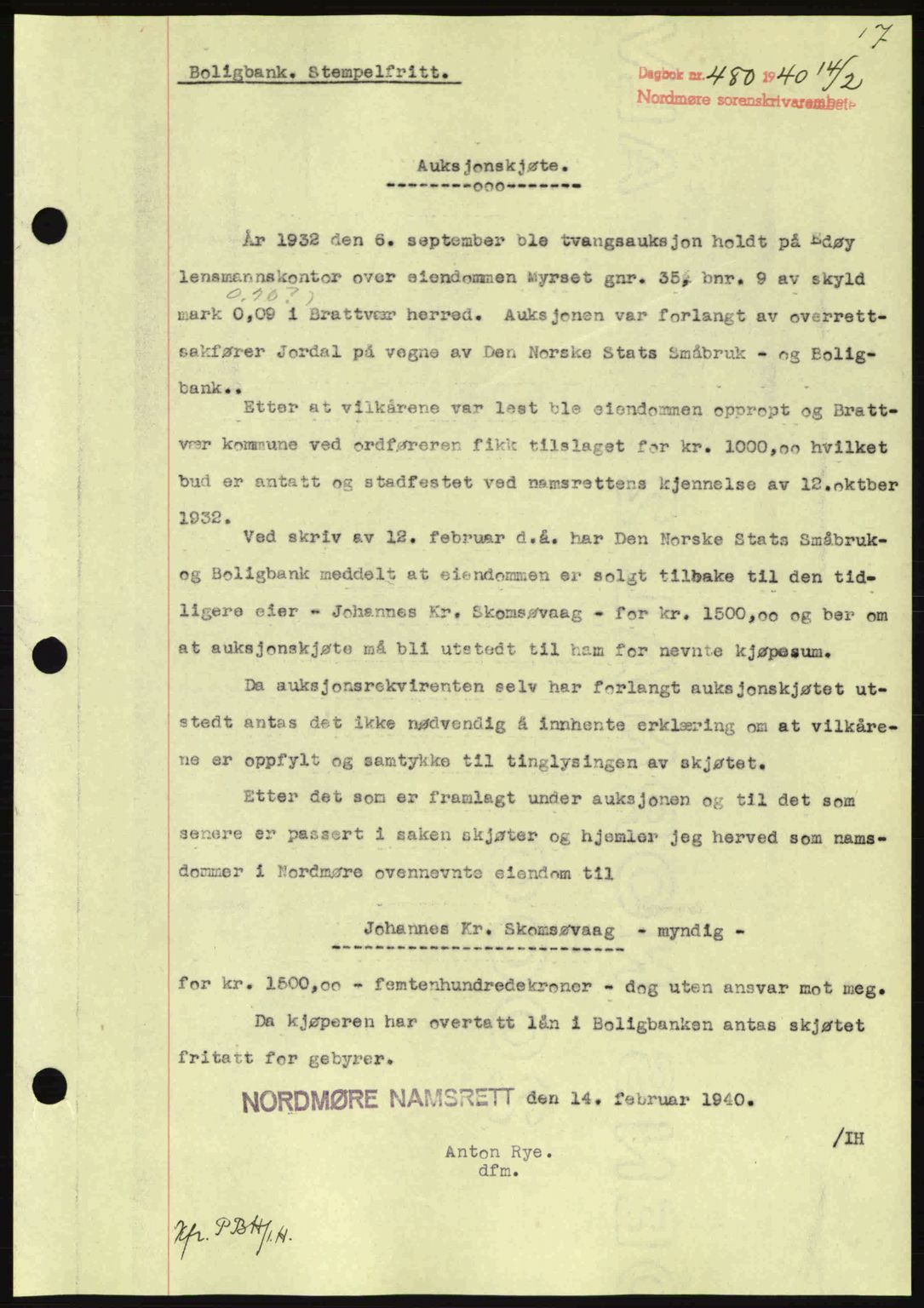 Nordmøre sorenskriveri, AV/SAT-A-4132/1/2/2Ca: Mortgage book no. A88, 1940-1940, Diary no: : 480/1940
