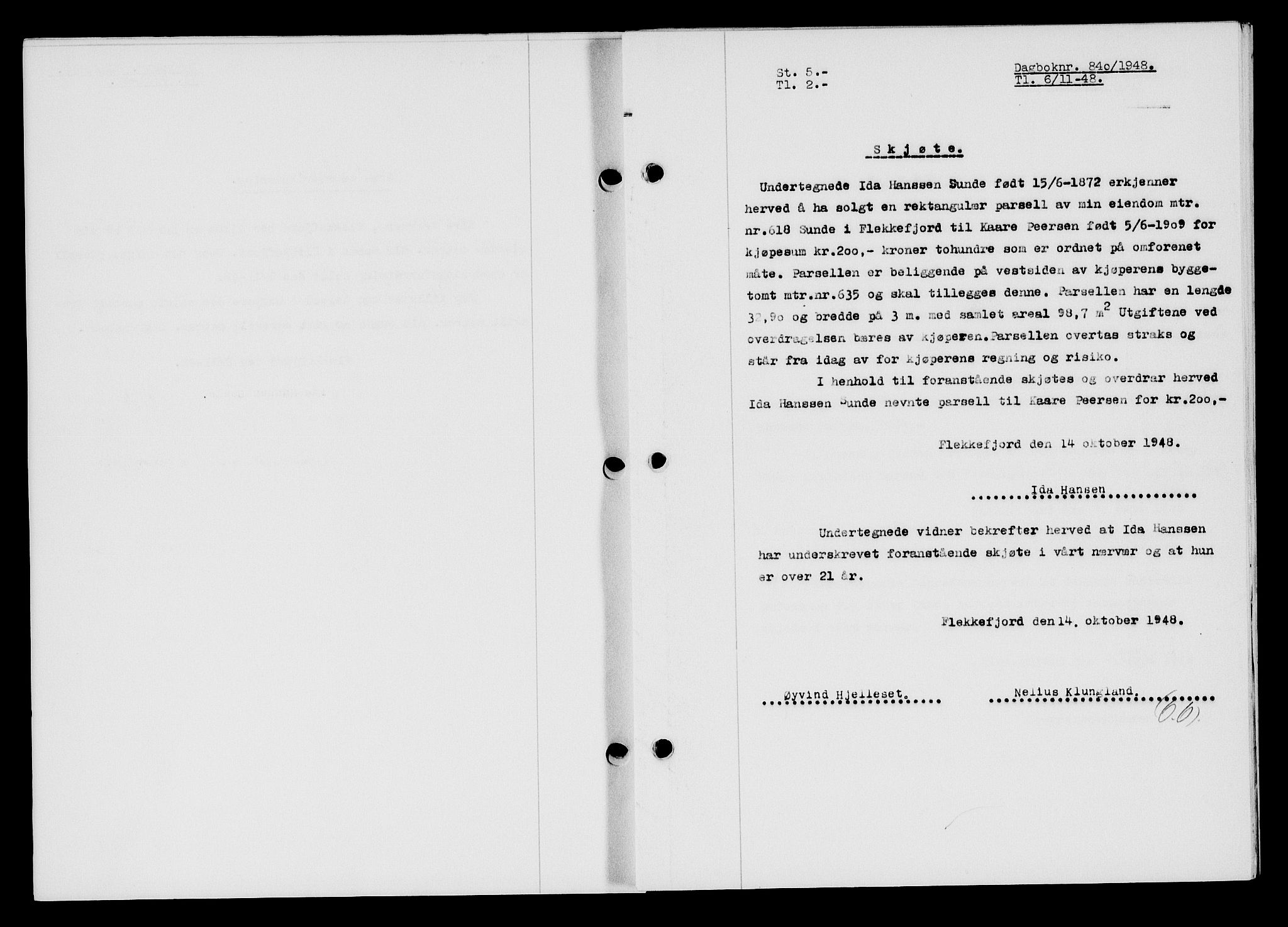 Flekkefjord sorenskriveri, SAK/1221-0001/G/Gb/Gba/L0064: Mortgage book no. A-12, 1948-1949, Diary no: : 840/1948