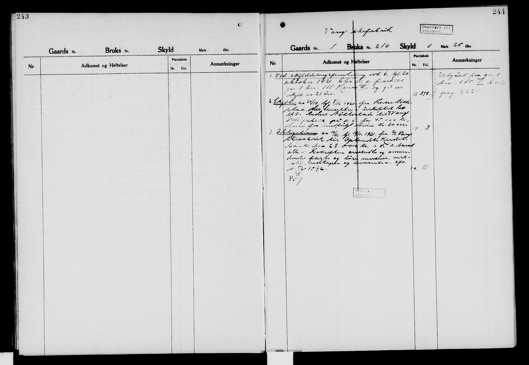 Nord-Hedmark sorenskriveri, SAH/TING-012/H/Ha/Had/Hade/L0006: Mortgage register no. 4.6, 1920-1940, p. 243-244