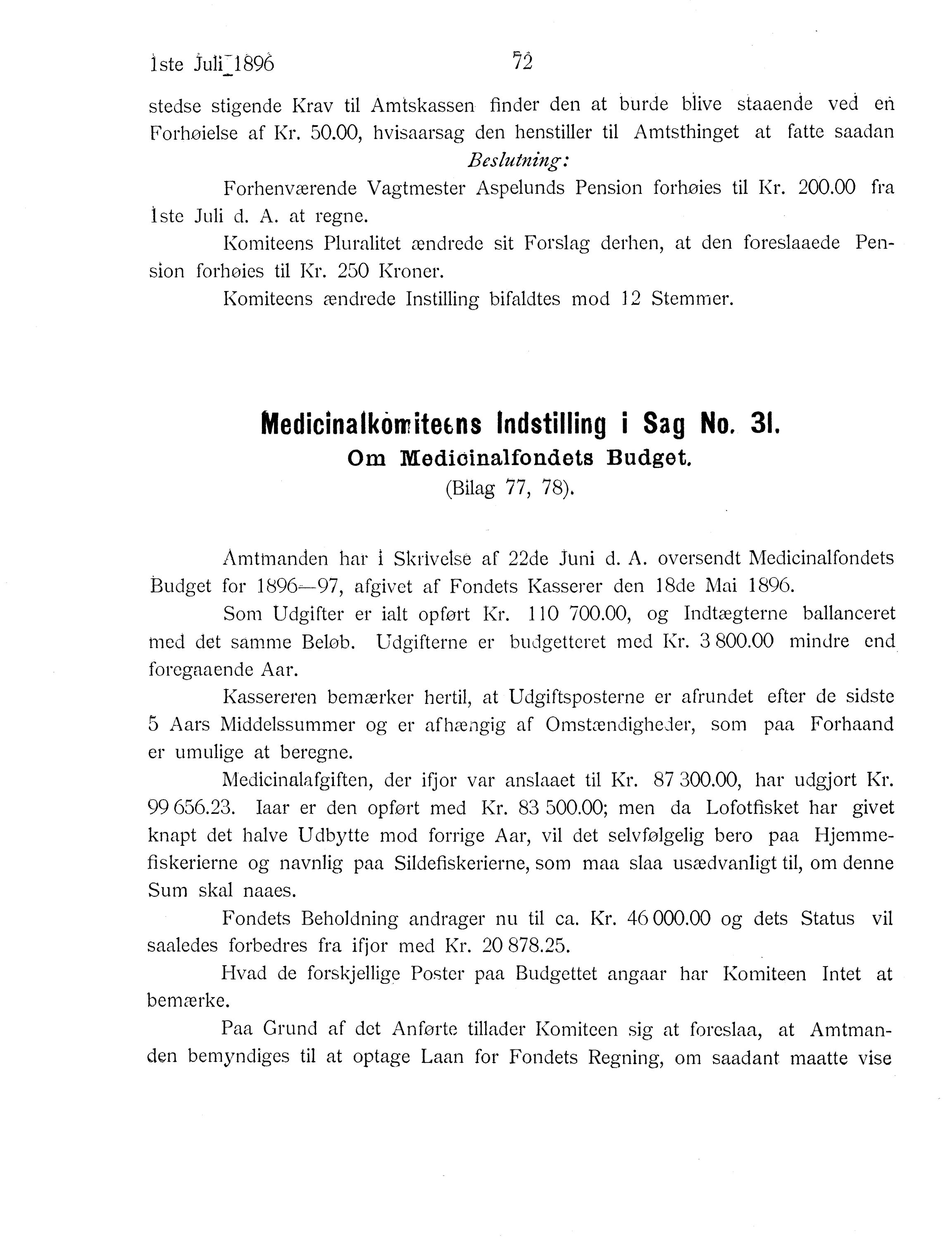 Nordland Fylkeskommune. Fylkestinget, AIN/NFK-17/176/A/Ac/L0019: Fylkestingsforhandlinger 1896, 1896