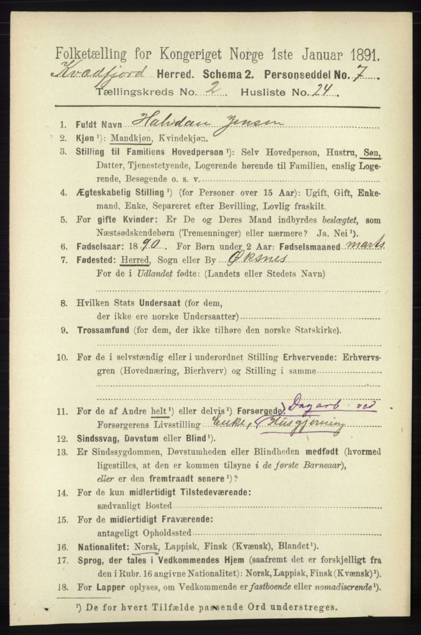 RA, 1891 census for 1911 Kvæfjord, 1891, p. 872