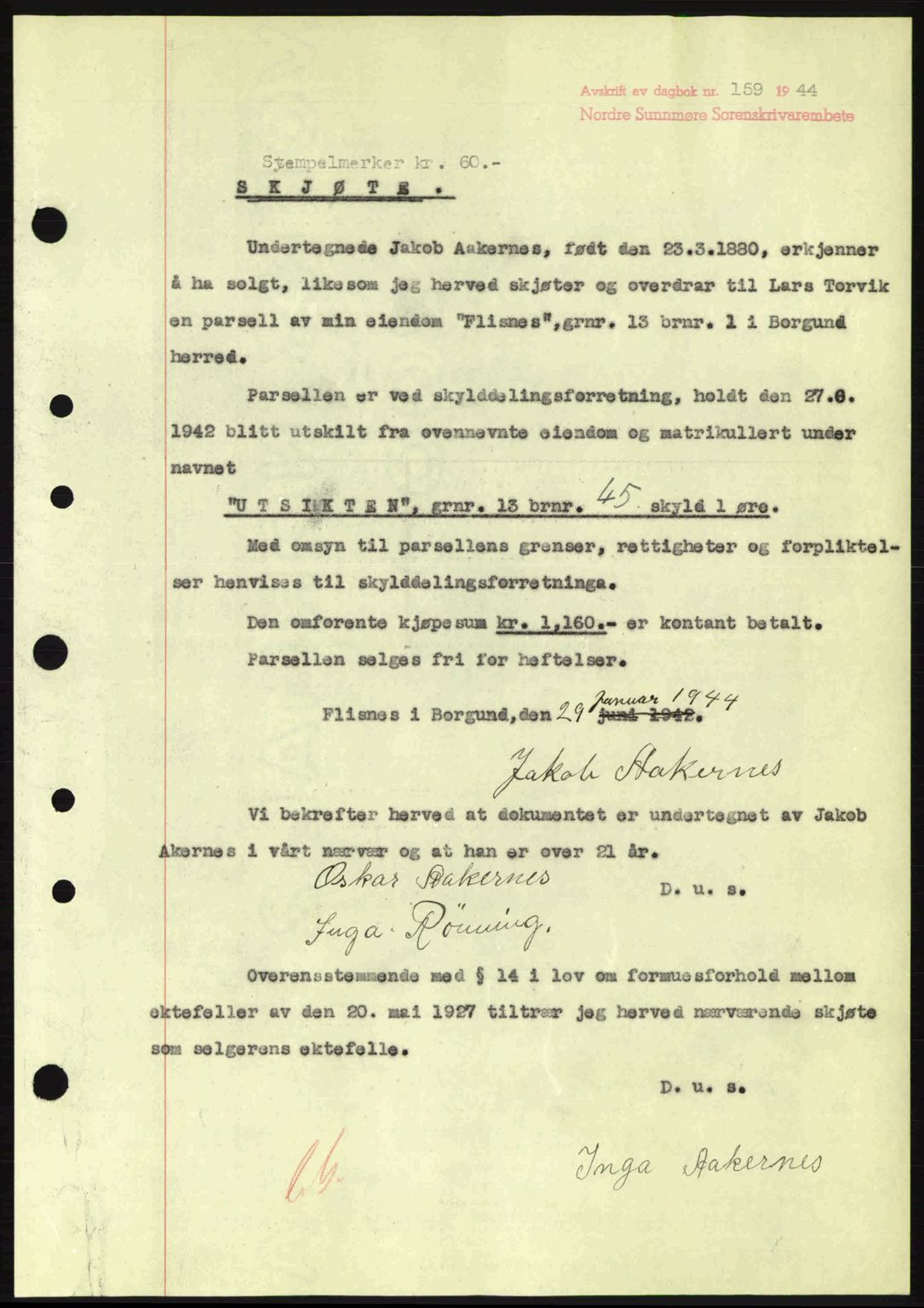 Nordre Sunnmøre sorenskriveri, AV/SAT-A-0006/1/2/2C/2Ca: Mortgage book no. A17, 1943-1944, Diary no: : 159/1944