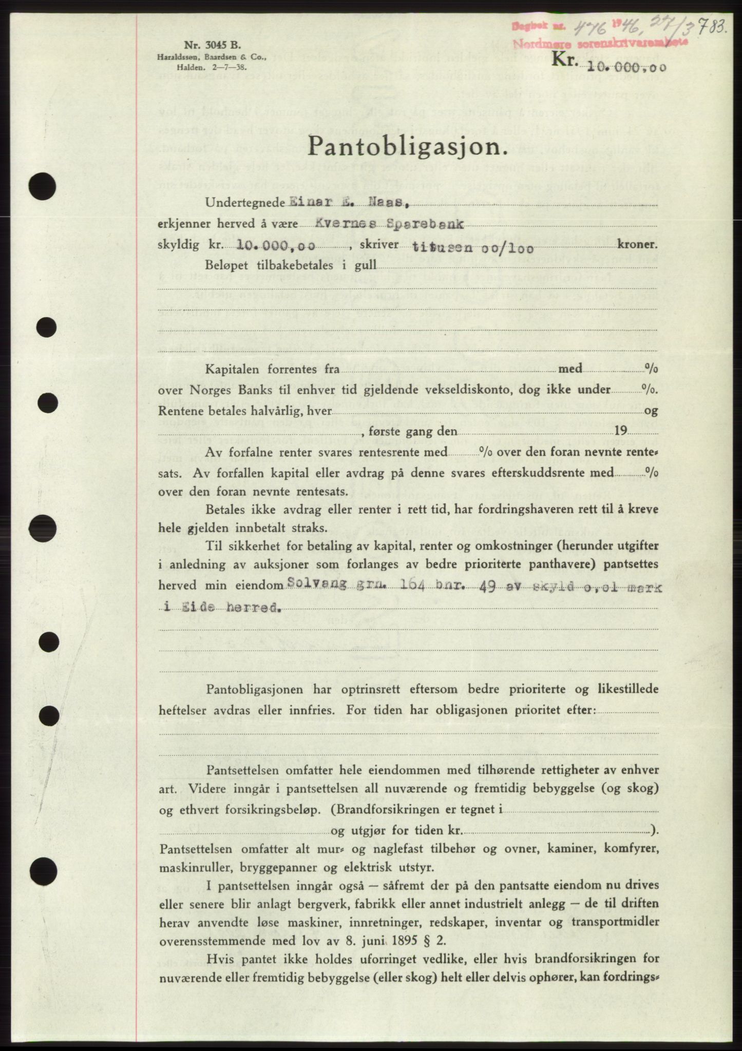 Nordmøre sorenskriveri, AV/SAT-A-4132/1/2/2Ca: Mortgage book no. B93b, 1946-1946, Diary no: : 476/1946