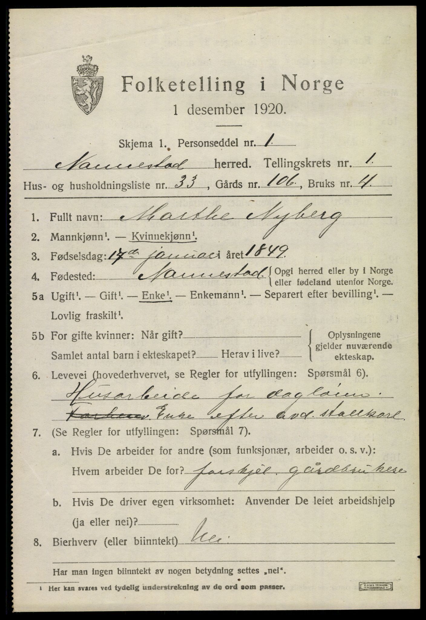 SAO, 1920 census for Nannestad, 1920, p. 1911