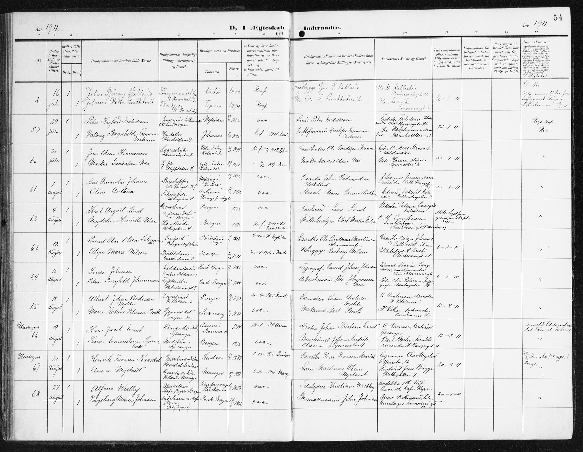 Domkirken sokneprestembete, AV/SAB-A-74801/H/Haa/L0038: Parish register (official) no. D 5, 1906-1921, p. 54