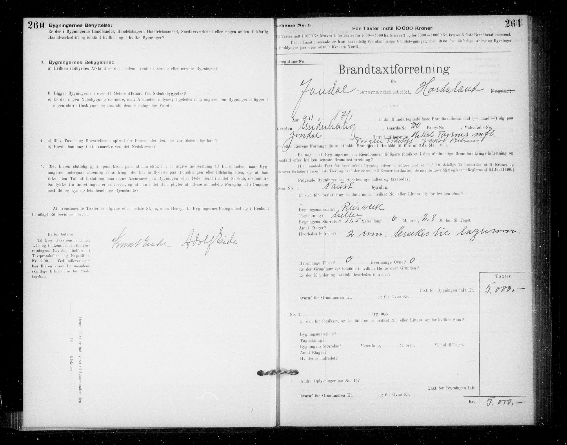 Lensmannen i Jondal, SAB/A-33101/0012/L0005: Branntakstprotokoll, skjematakst, 1894-1951, p. 260-261