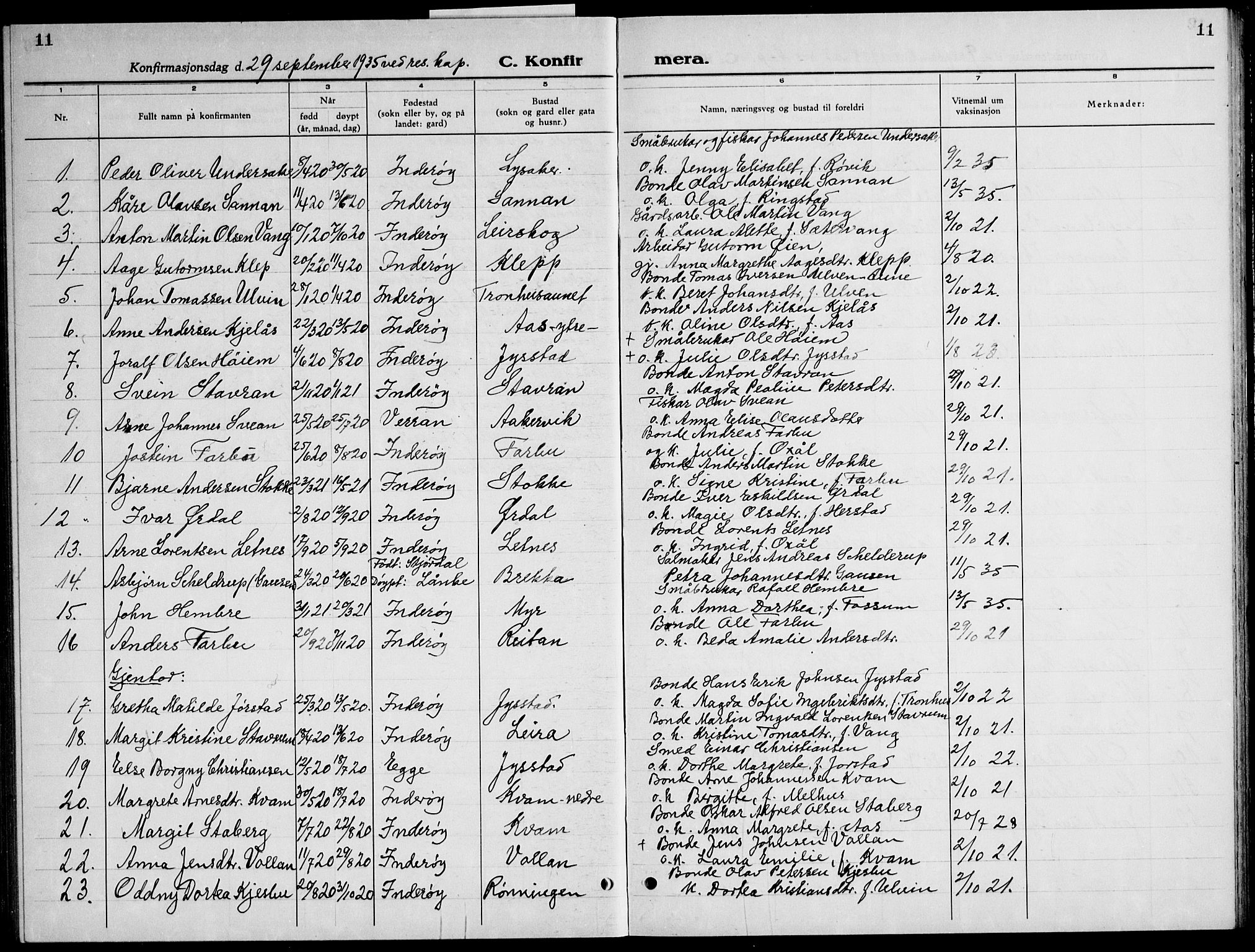 Ministerialprotokoller, klokkerbøker og fødselsregistre - Nord-Trøndelag, SAT/A-1458/730/L0304: Parish register (copy) no. 730C07, 1934-1945, p. 11