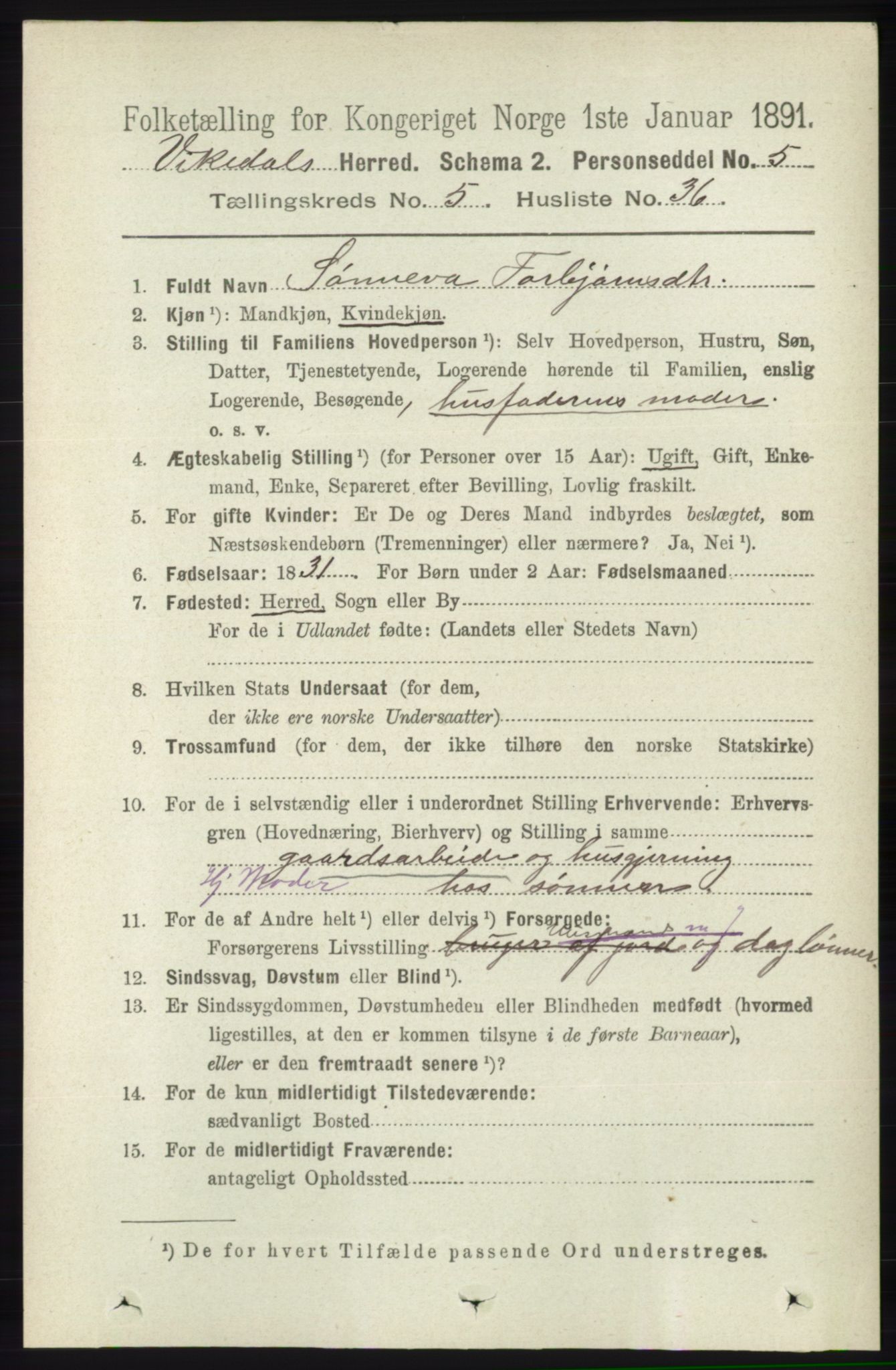 RA, 1891 census for 1157 Vikedal, 1891, p. 1351