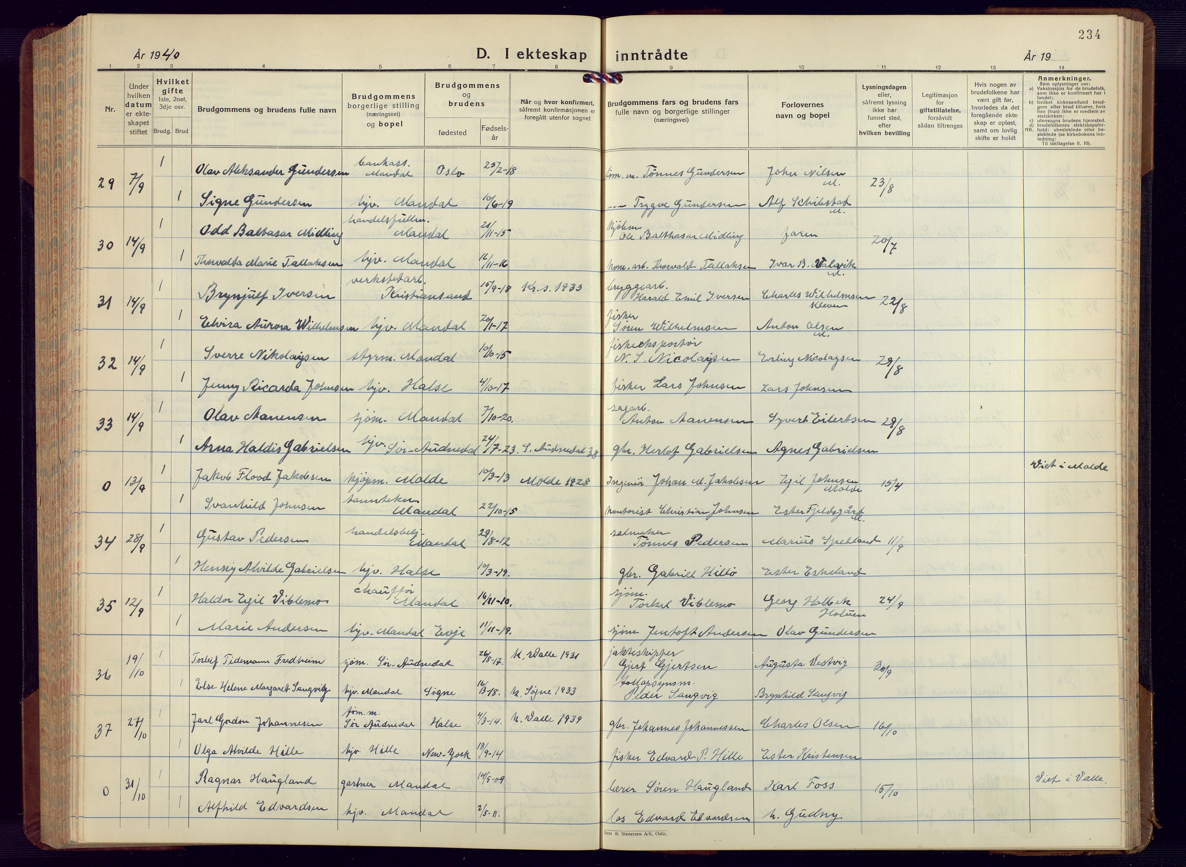 Mandal sokneprestkontor, AV/SAK-1111-0030/F/Fb/Fbc/L0002: Parish register (copy) no. B 2, 1931-1949, p. 234