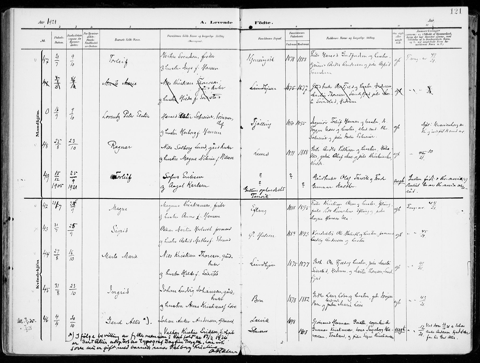 Tjølling kirkebøker, AV/SAKO-A-60/F/Fa/L0010: Parish register (official) no. 10, 1906-1923, p. 121