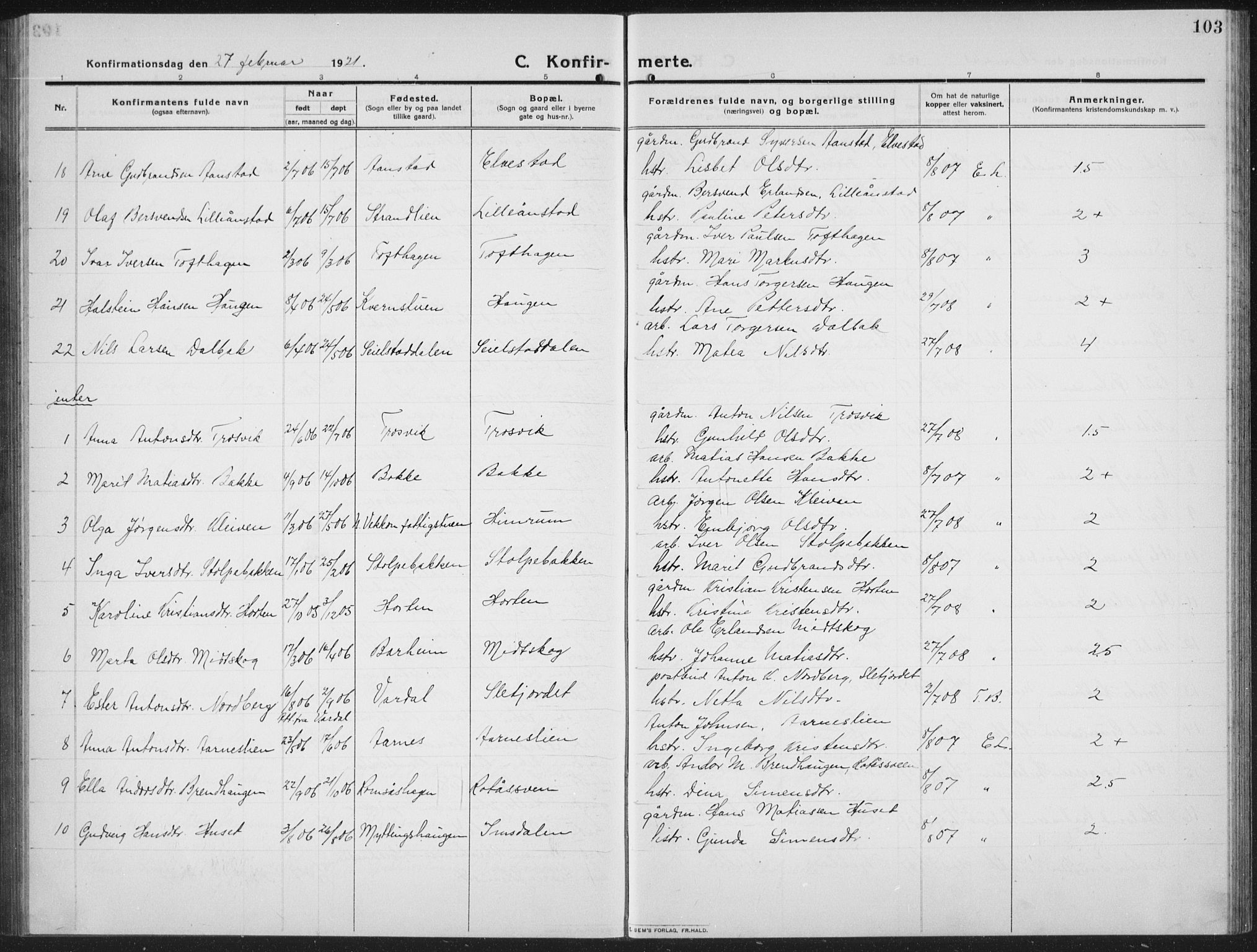 Ringebu prestekontor, AV/SAH-PREST-082/H/Ha/Hab/L0010: Parish register (copy) no. 10, 1911-1934, p. 103