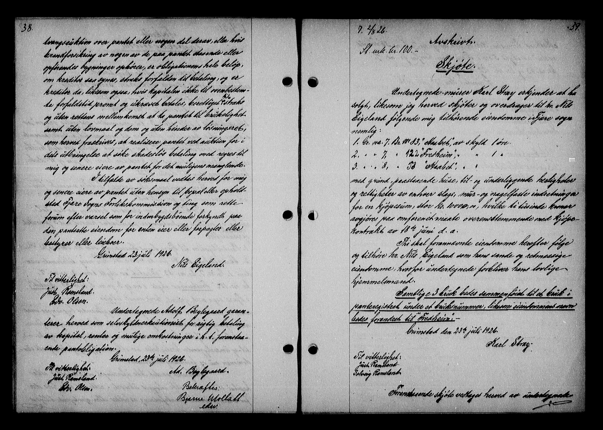 Vestre Nedenes/Sand sorenskriveri, AV/SAK-1221-0010/G/Gb/Gba/L0036: Mortgage book no. 62, 1926-1928, p. 38-39