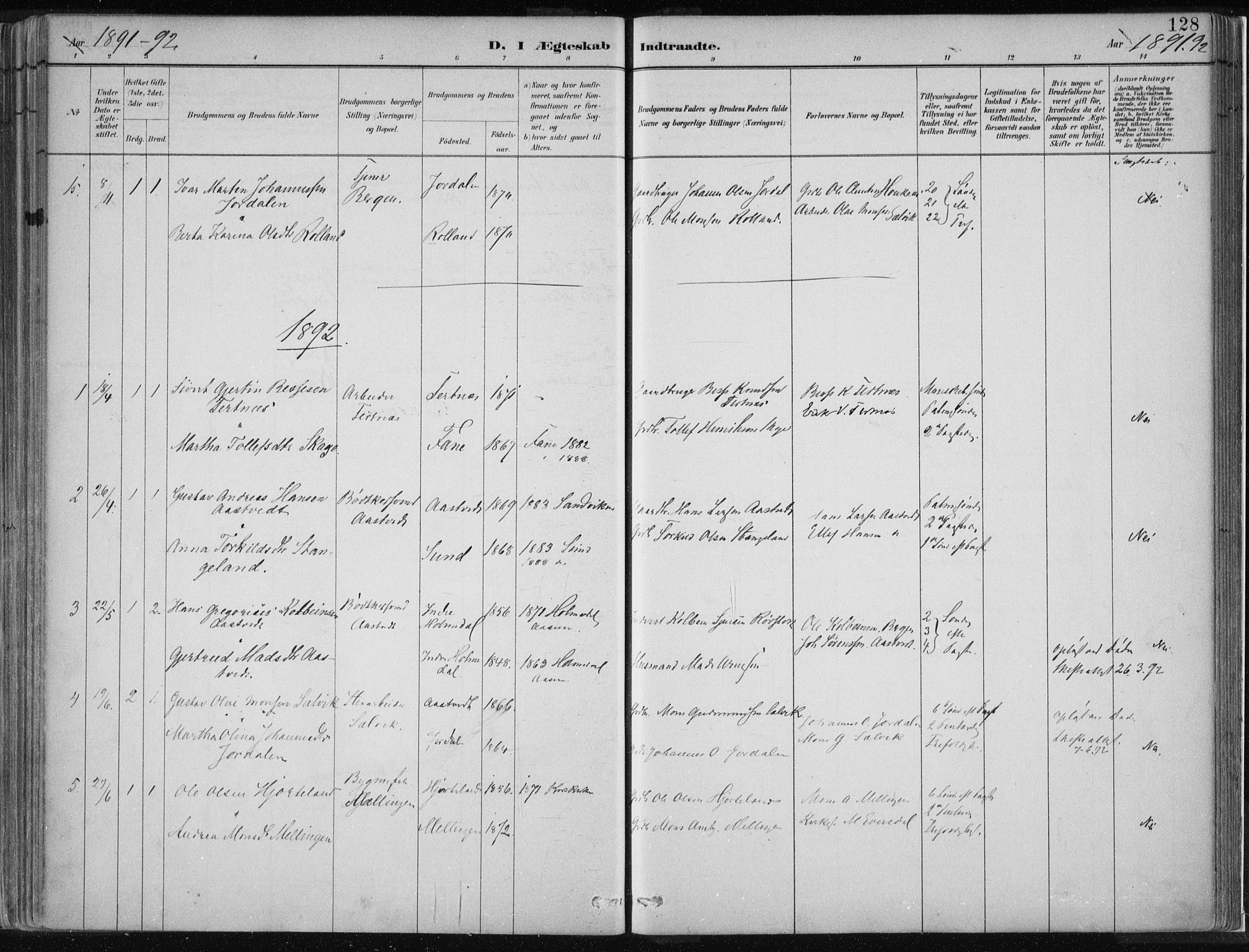 Hamre sokneprestembete, SAB/A-75501/H/Ha/Haa/Haad/L0001: Parish register (official) no. D  1, 1882-1906, p. 128