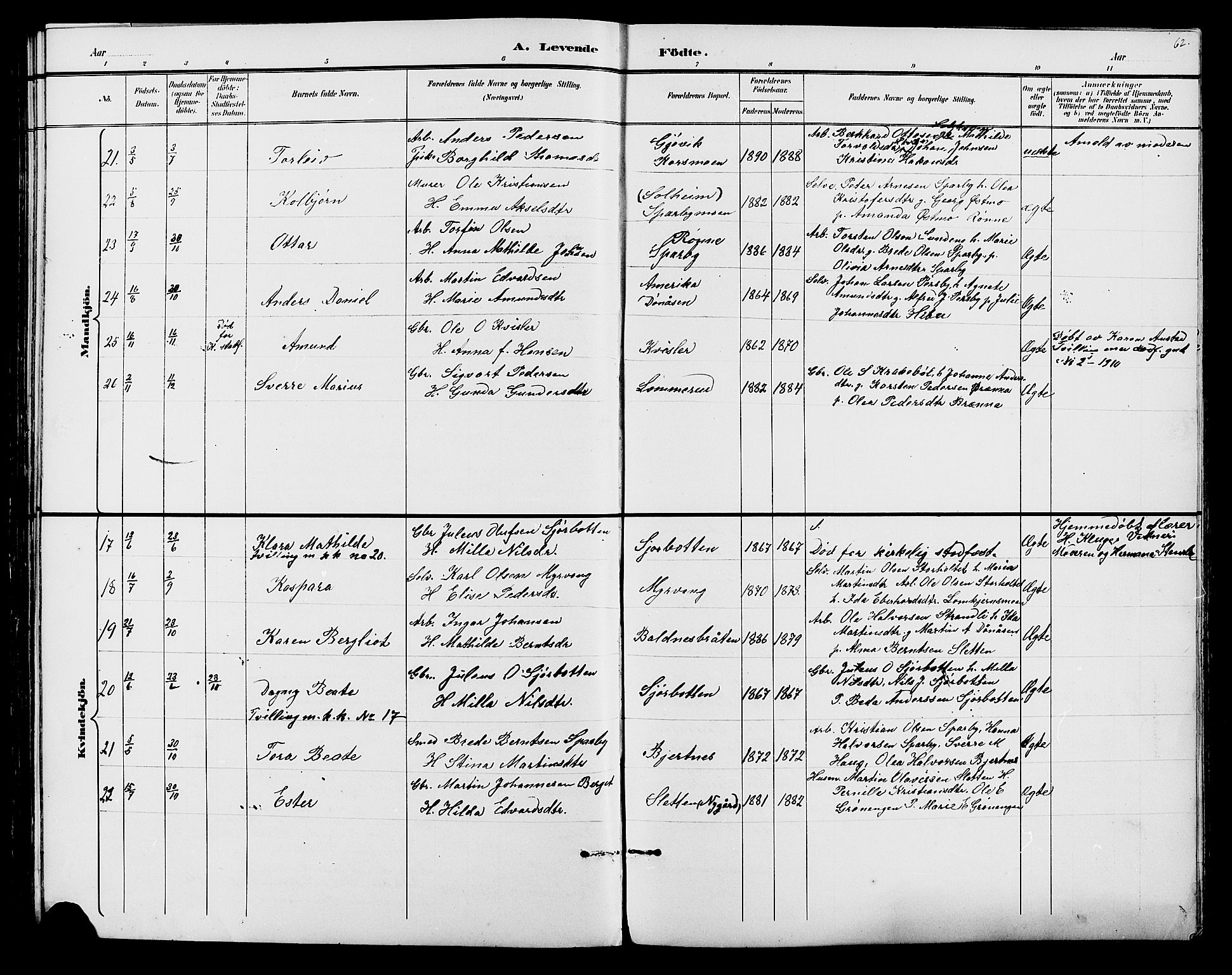Hof prestekontor, SAH/PREST-038/H/Ha/Hab/L0001: Parish register (copy) no. 1, 1895-1914, p. 62