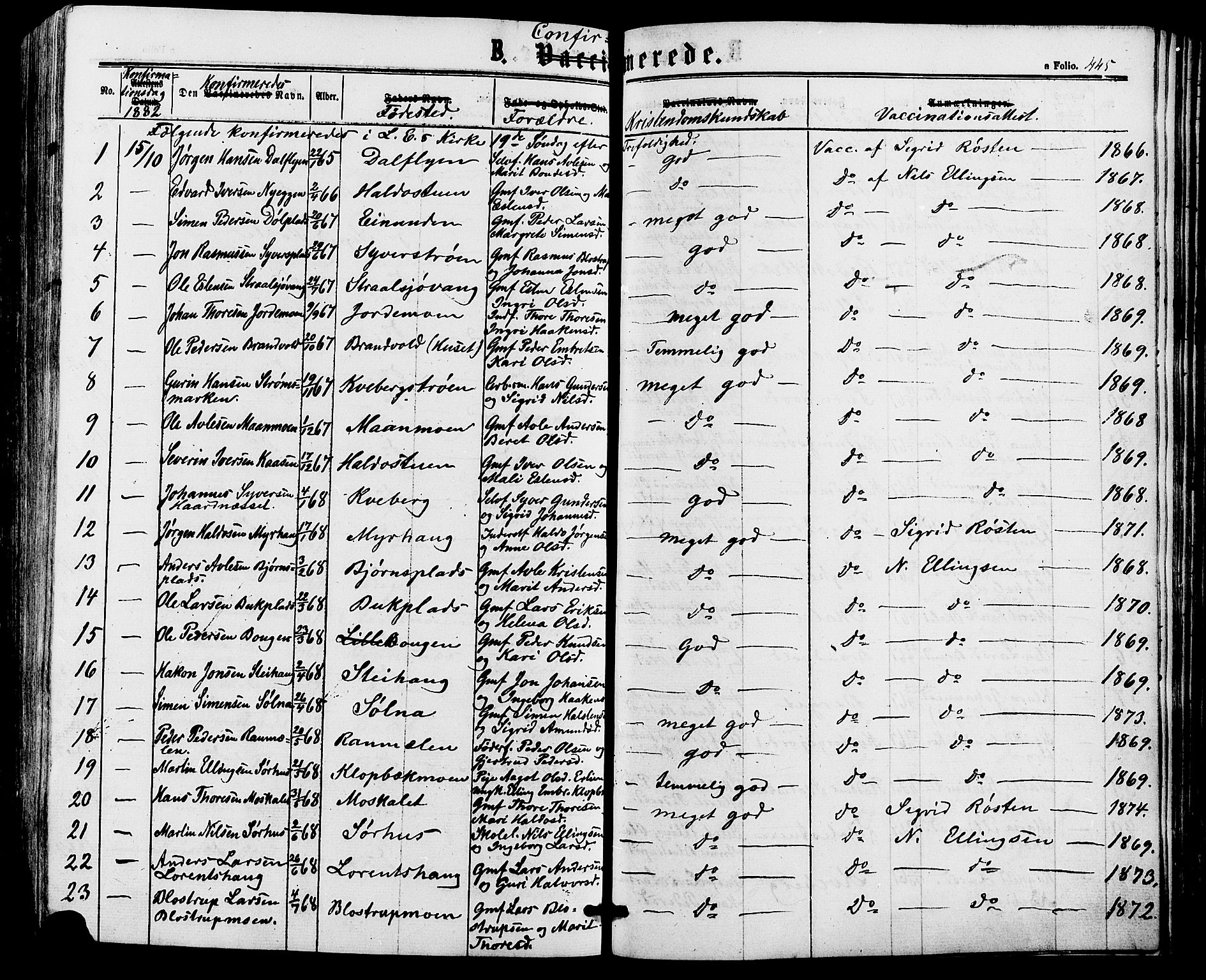 Alvdal prestekontor, AV/SAH-PREST-060/H/Ha/Haa/L0001: Parish register (official) no. 1, 1863-1882, p. 445