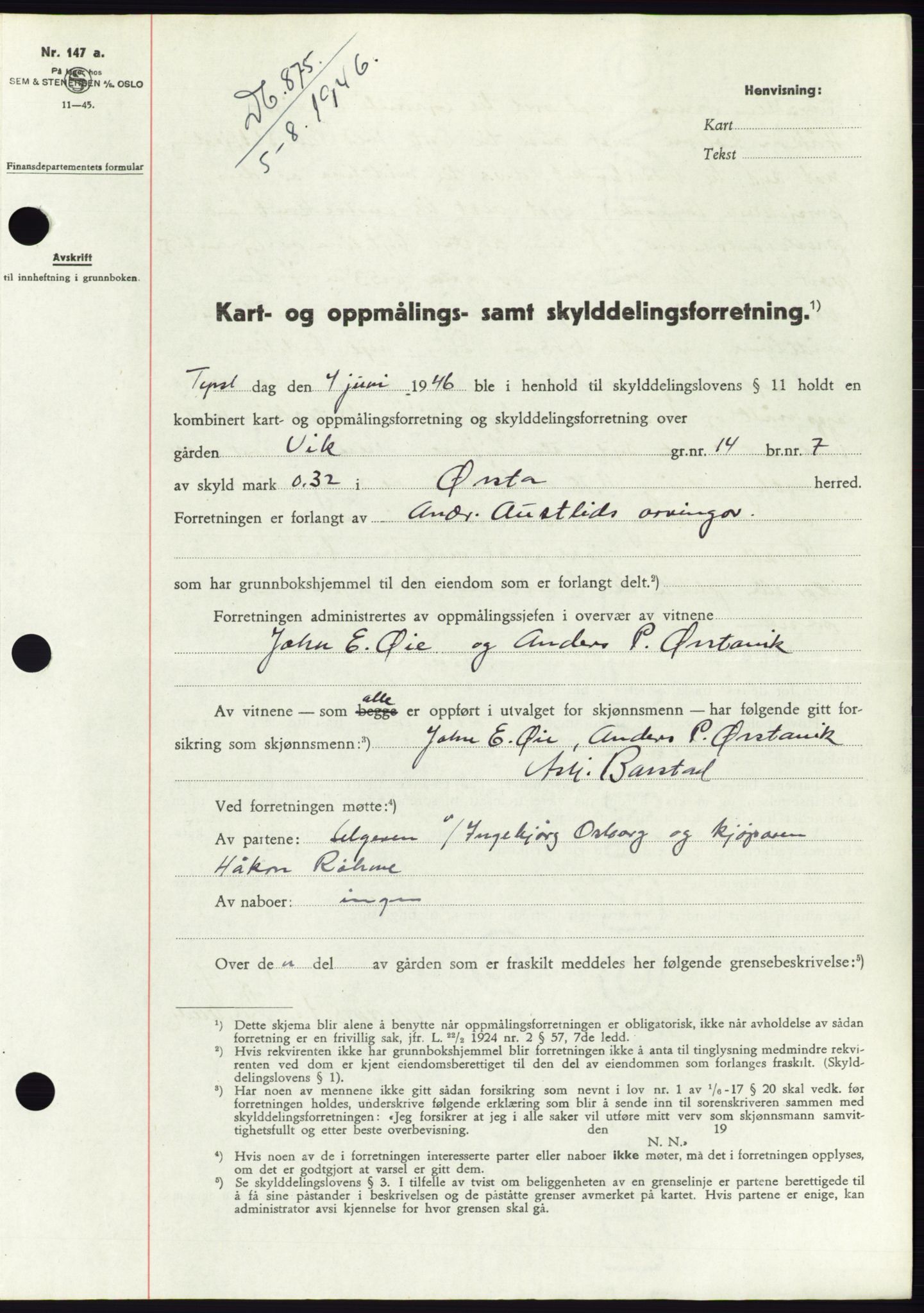 Søre Sunnmøre sorenskriveri, AV/SAT-A-4122/1/2/2C/L0078: Mortgage book no. 4A, 1946-1946, Diary no: : 875/1946