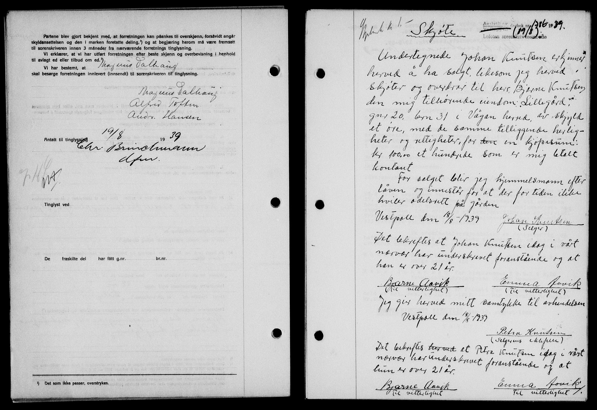 Lofoten sorenskriveri, SAT/A-0017/1/2/2C/L0006a: Mortgage book no. 6a, 1939-1939, Diary no: : 1786/1939