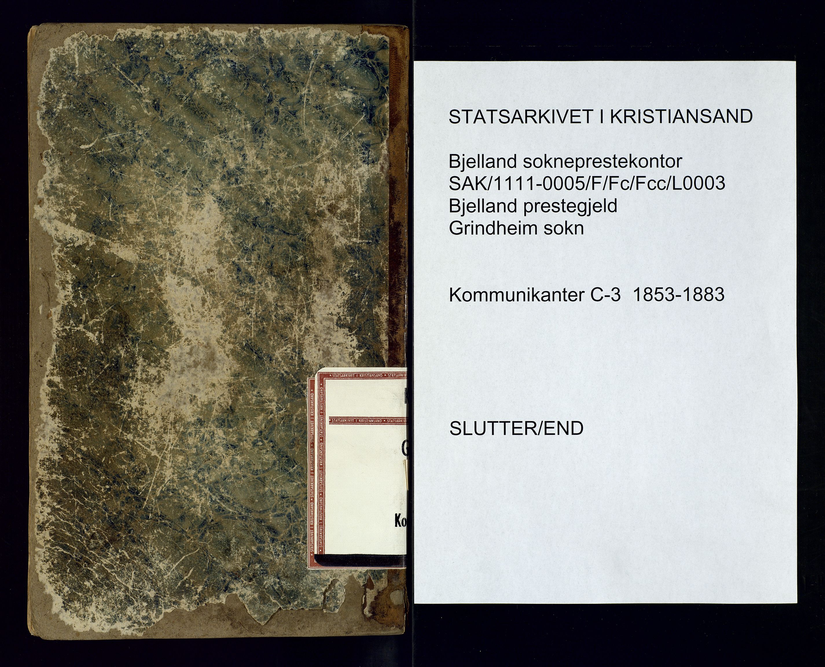 Bjelland sokneprestkontor, AV/SAK-1111-0005/F/Fc/Fcc/L0003: Communicants register no. C-3, 1853-1883