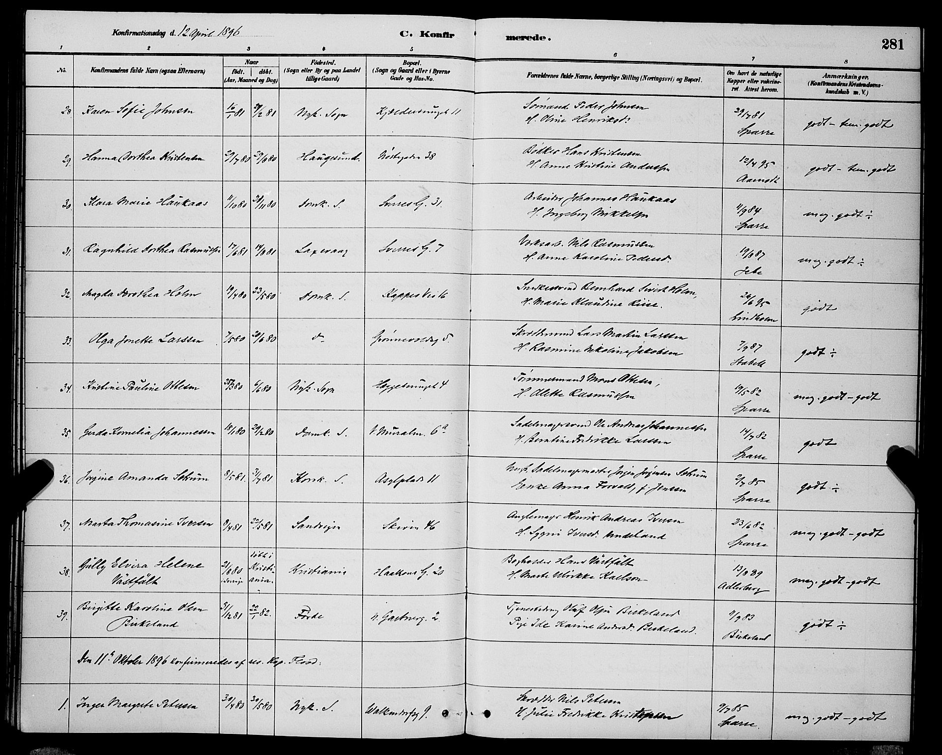 Domkirken sokneprestembete, AV/SAB-A-74801/H/Hab/L0024: Parish register (copy) no. C 4, 1880-1899, p. 281