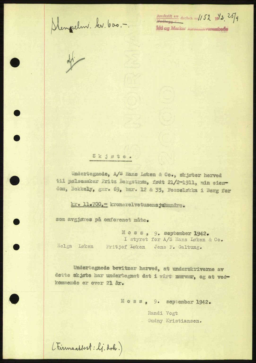 Idd og Marker sorenskriveri, AV/SAO-A-10283/G/Gb/Gbb/L0005: Mortgage book no. A5, 1941-1943, Diary no: : 1152/1942