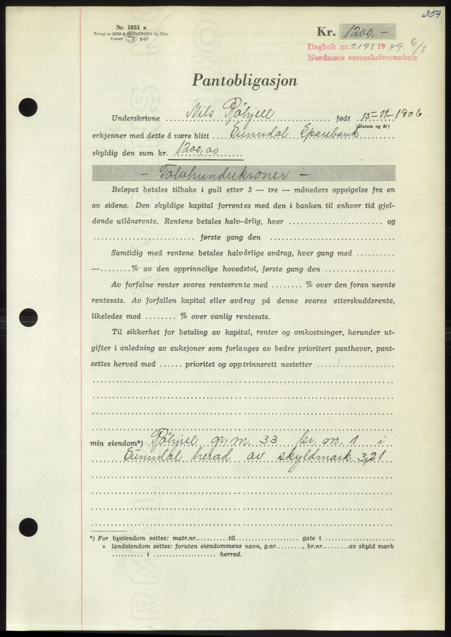 Nordmøre sorenskriveri, AV/SAT-A-4132/1/2/2Ca: Mortgage book no. B102, 1949-1949, Diary no: : 2198/1949