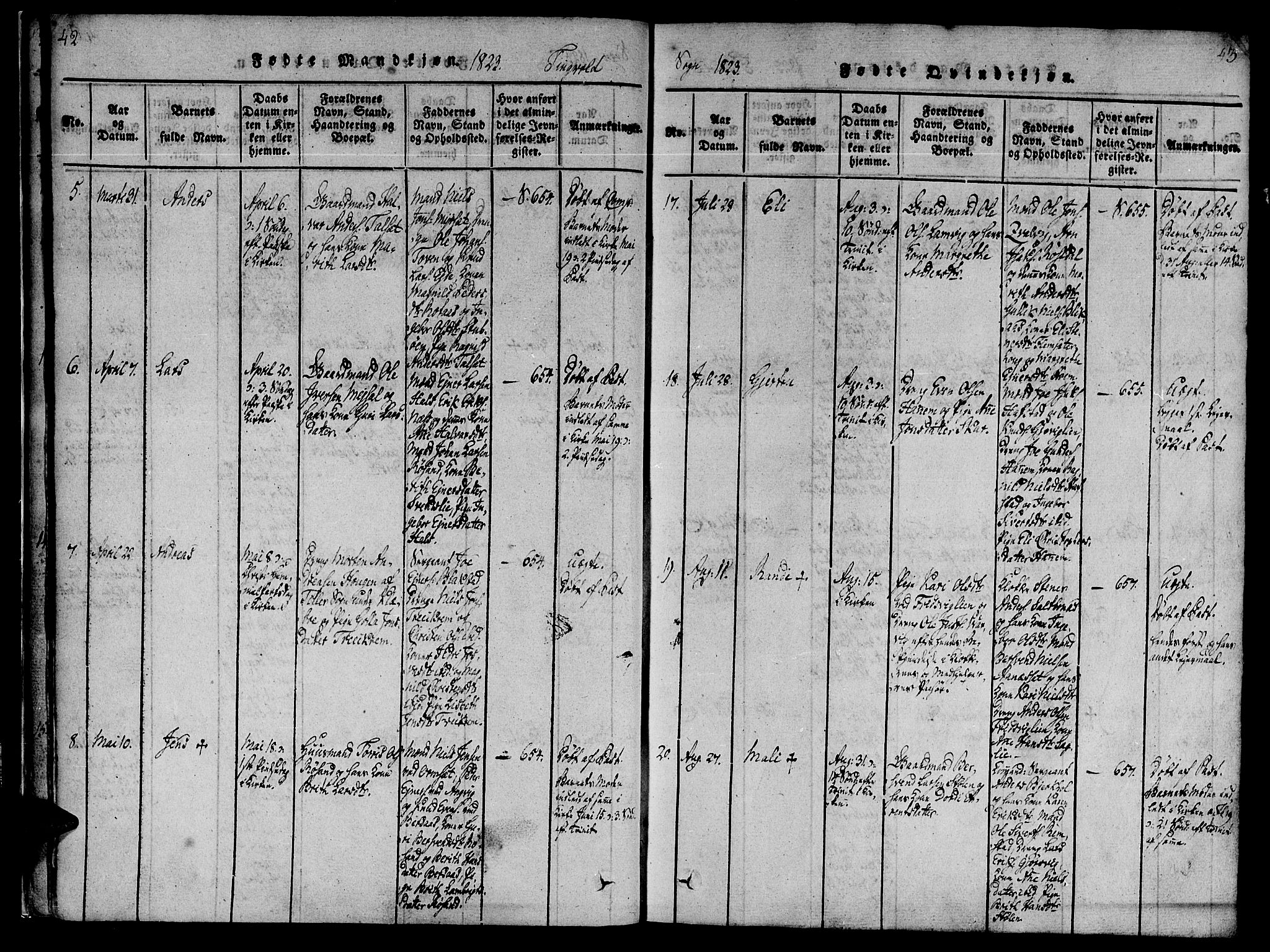 Ministerialprotokoller, klokkerbøker og fødselsregistre - Møre og Romsdal, AV/SAT-A-1454/586/L0982: Parish register (official) no. 586A08, 1819-1829, p. 42-43