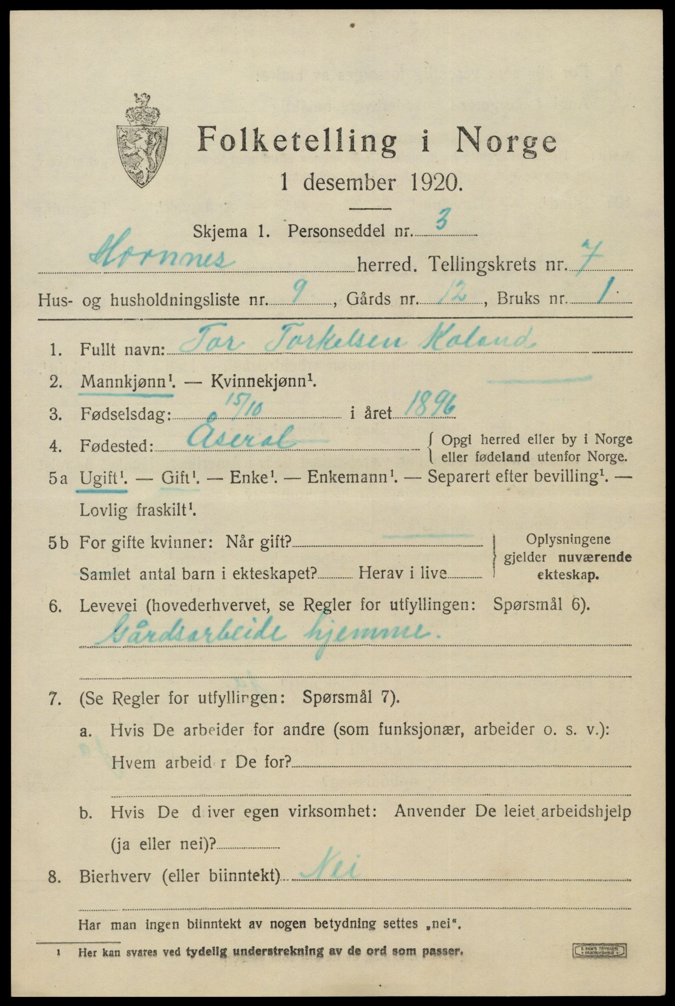 SAK, 1920 census for Hornnes, 1920, p. 1751