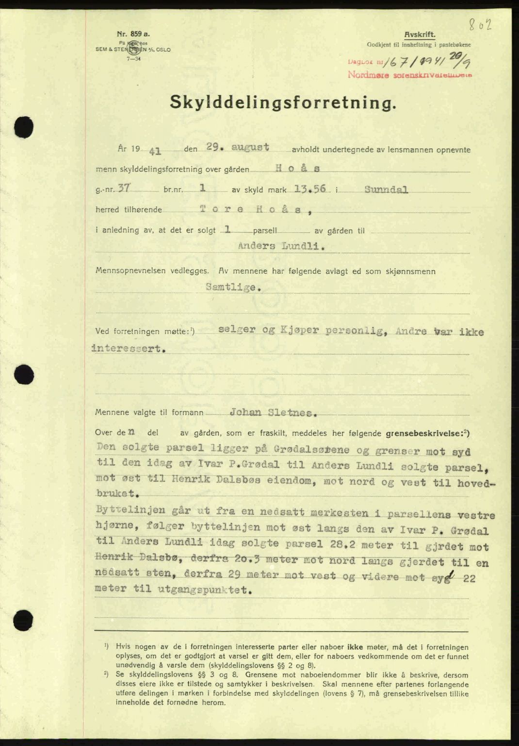 Nordmøre sorenskriveri, SAT/A-4132/1/2/2Ca: Mortgage book no. A90, 1941-1941, Diary no: : 1671/1941