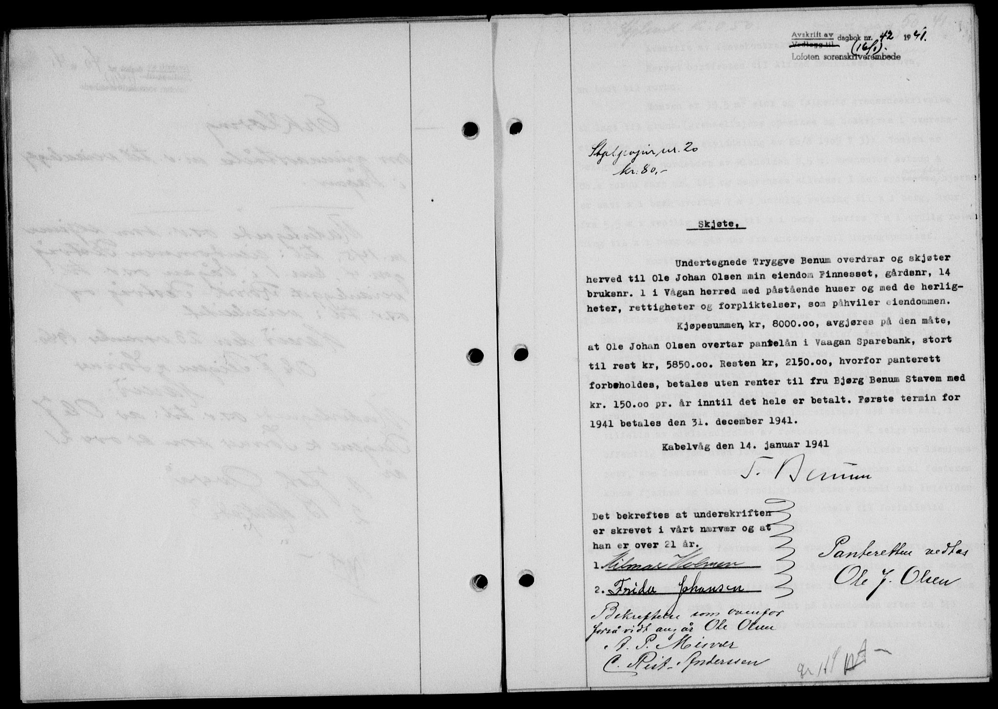 Lofoten sorenskriveri, SAT/A-0017/1/2/2C/L0008a: Mortgage book no. 8a, 1940-1941, Diary no: : 42/1941