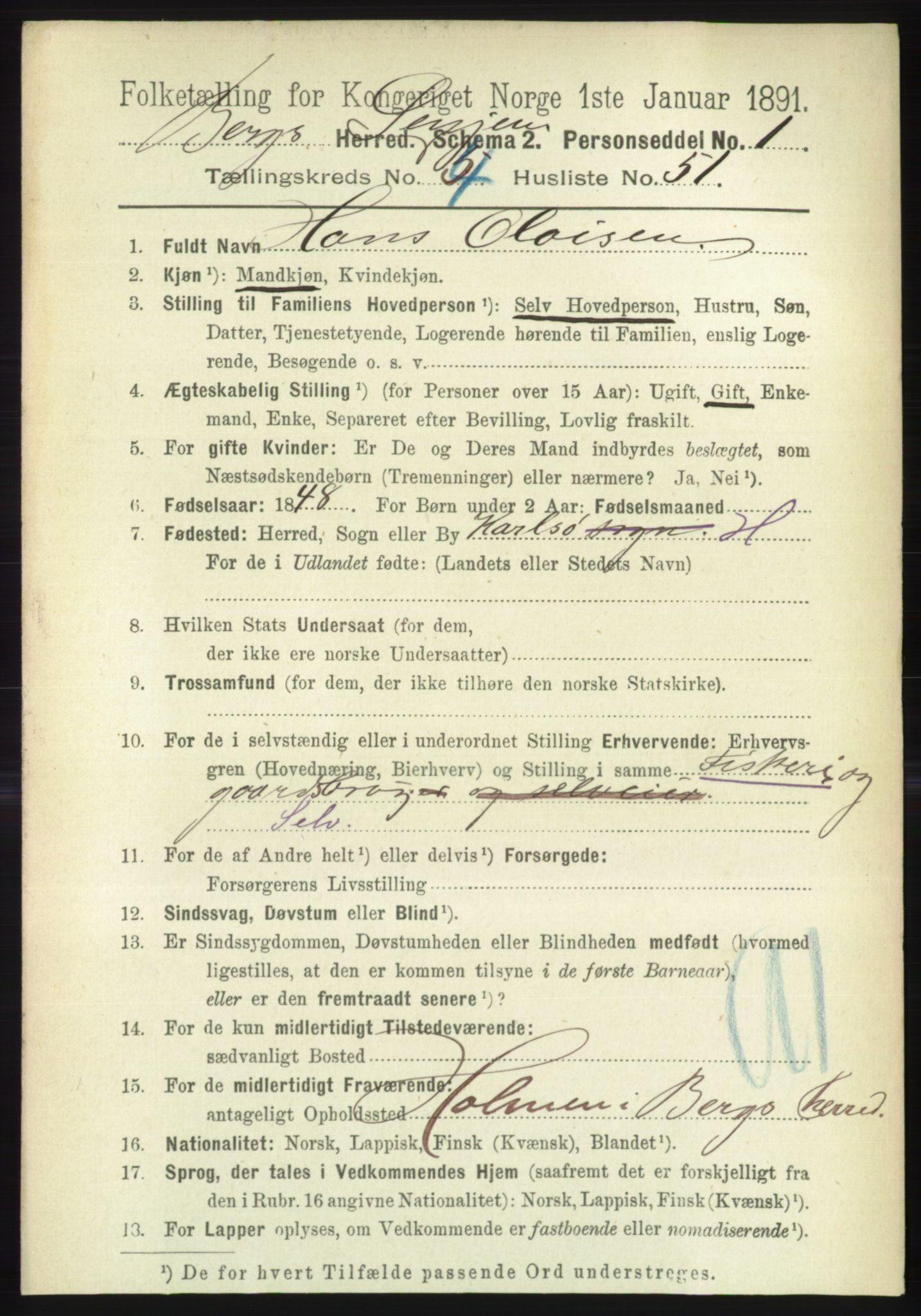 RA, 1891 census for 1929 Berg, 1891, p. 2013