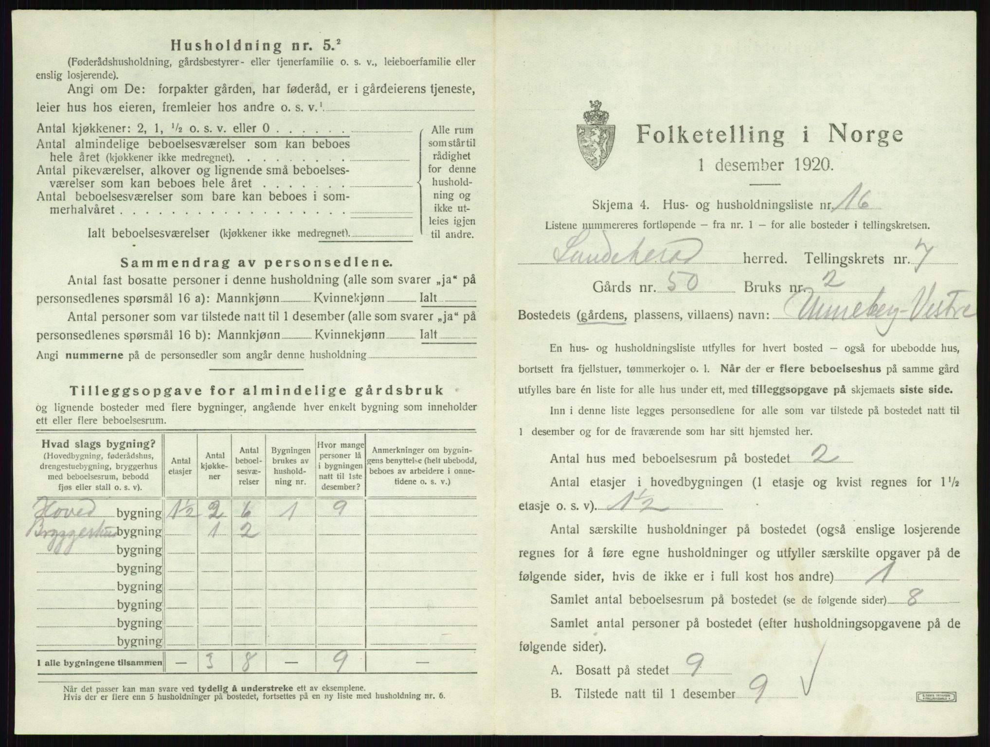 SAKO, 1920 census for Sandeherred, 1920, p. 1489