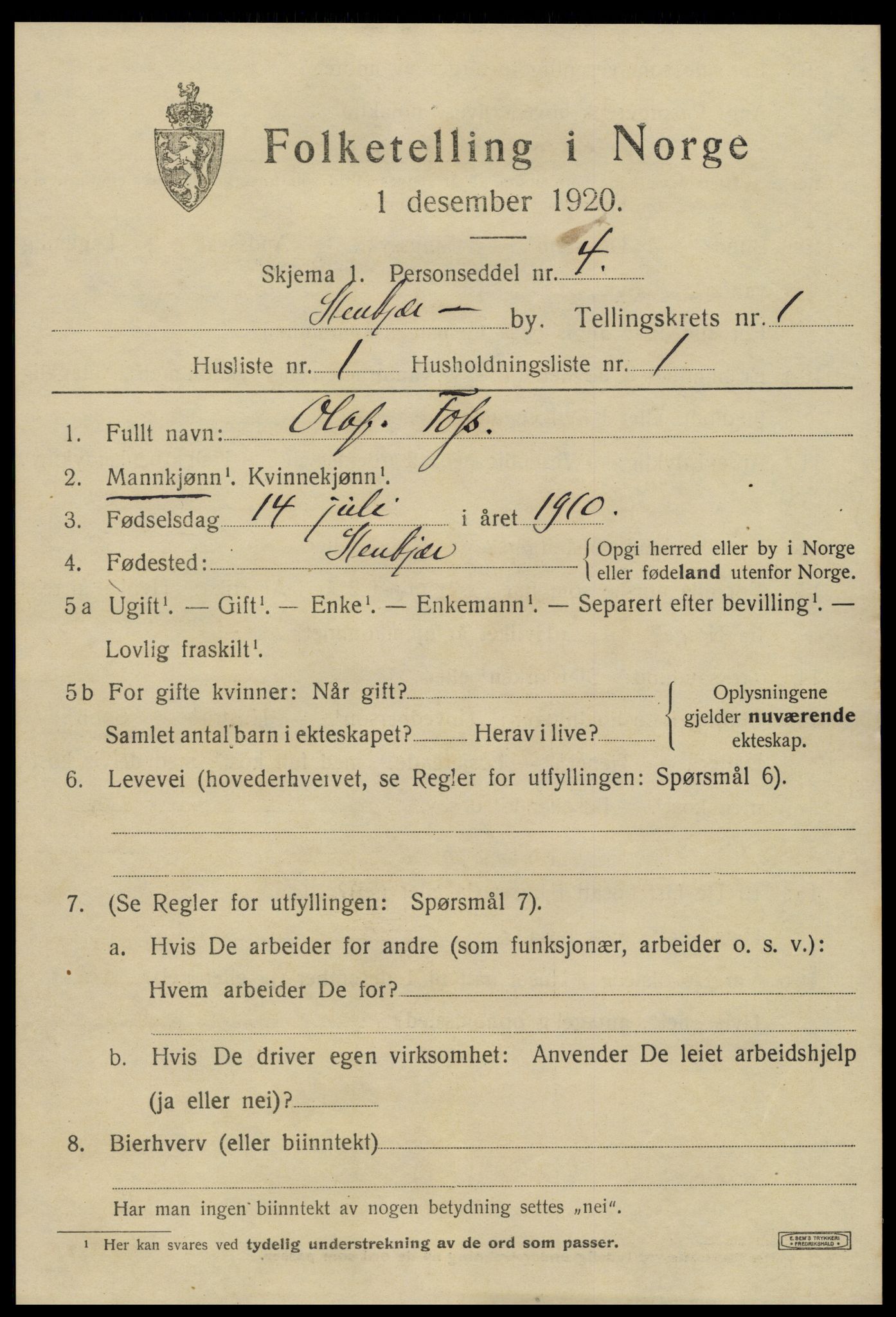 SAT, 1920 census for Steinkjer, 1920, p. 2354