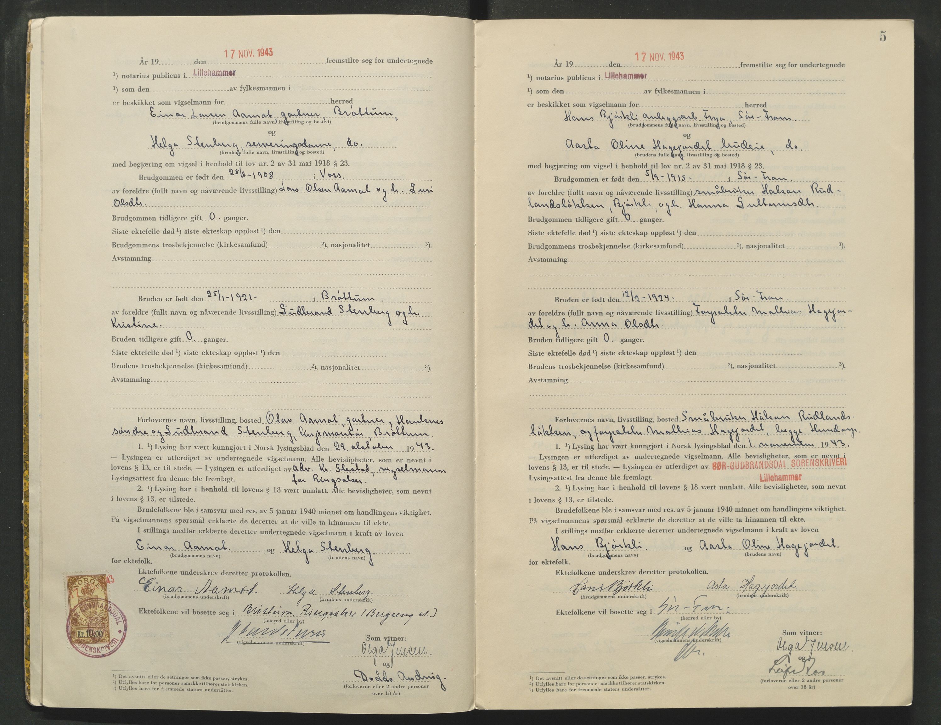 Sør-Gudbrandsdal tingrett, AV/SAH-TING-004/L/Lc/L0004: Vigselsprotokoll, 1943-1944, p. 5