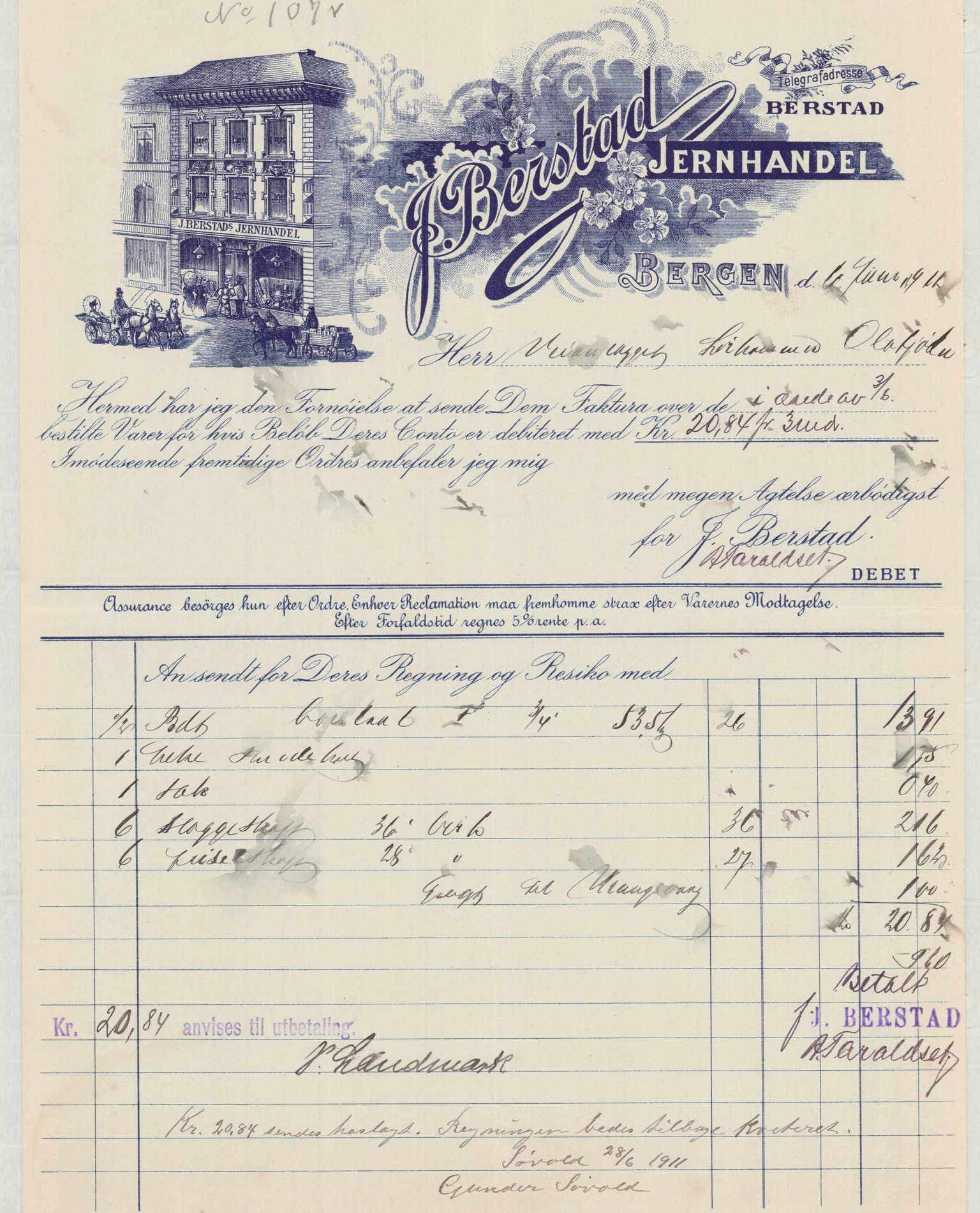 Finnaas kommune. Formannskapet, IKAH/1218a-021/E/Ea/L0001/0003: Rekneskap for veganlegg / Rekneskap for veganlegget Laurhammer - Olakjødn, 1909-1911, p. 76