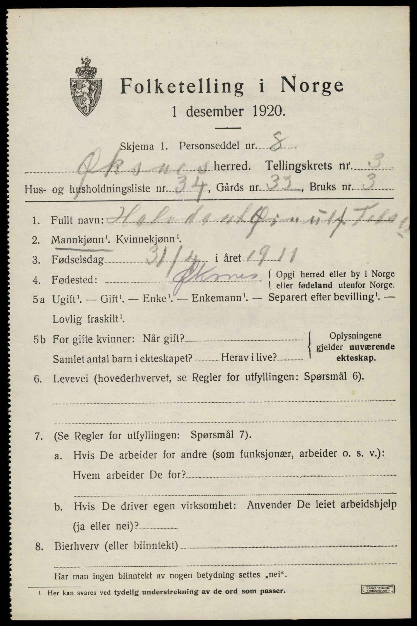 SAT, 1920 census for Øksnes, 1920, p. 2840