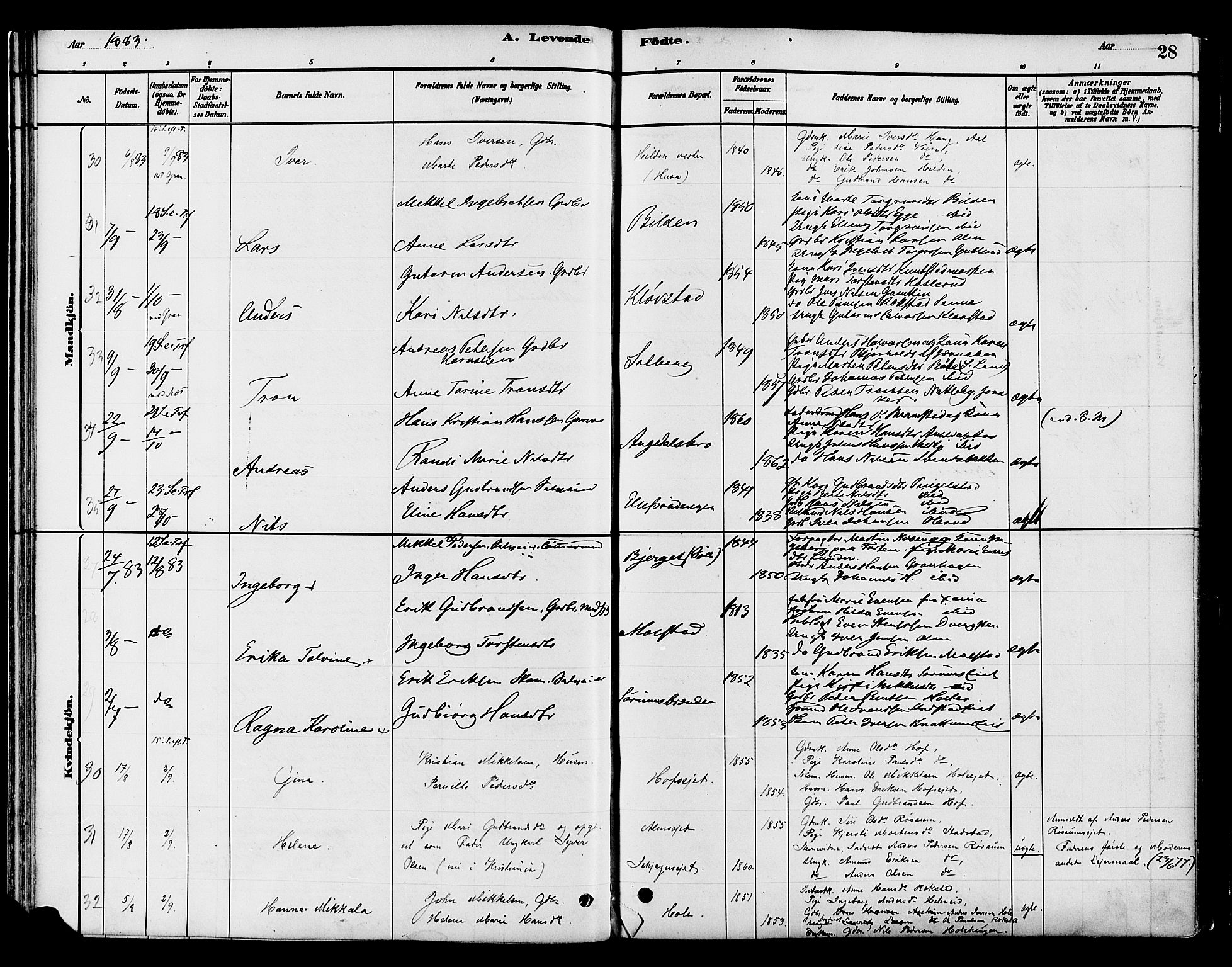 Gran prestekontor, SAH/PREST-112/H/Ha/Haa/L0016: Parish register (official) no. 16, 1880-1888, p. 28