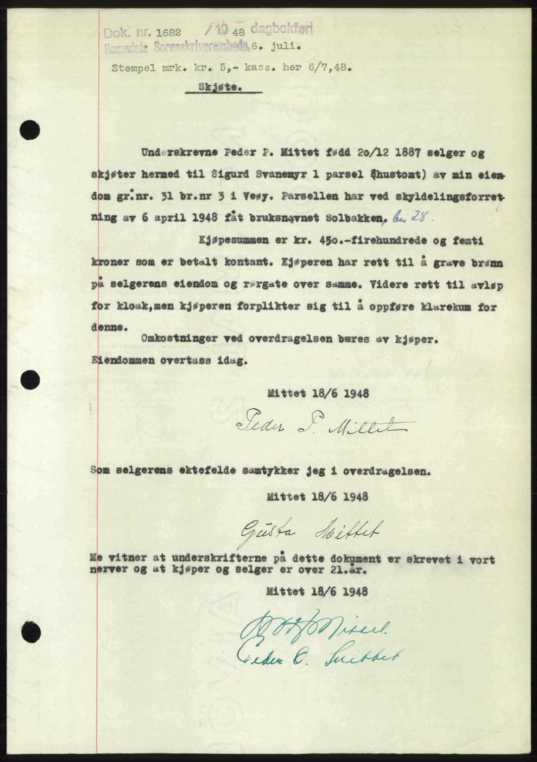 Romsdal sorenskriveri, AV/SAT-A-4149/1/2/2C: Mortgage book no. A26, 1948-1948, Diary no: : 1682/1948