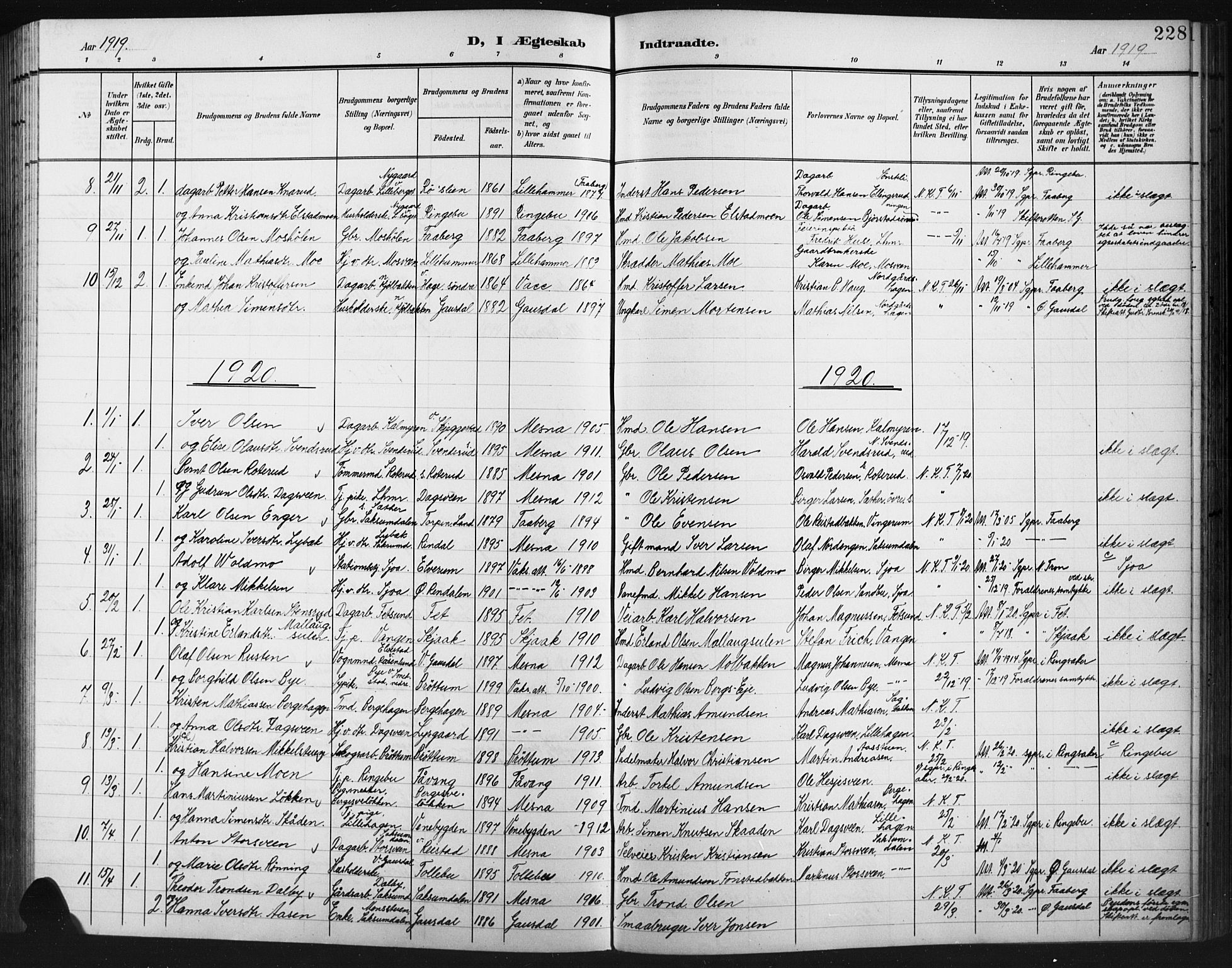 Fåberg prestekontor, AV/SAH-PREST-086/H/Ha/Hab/L0012: Parish register (copy) no. 12, 1903-1924, p. 228