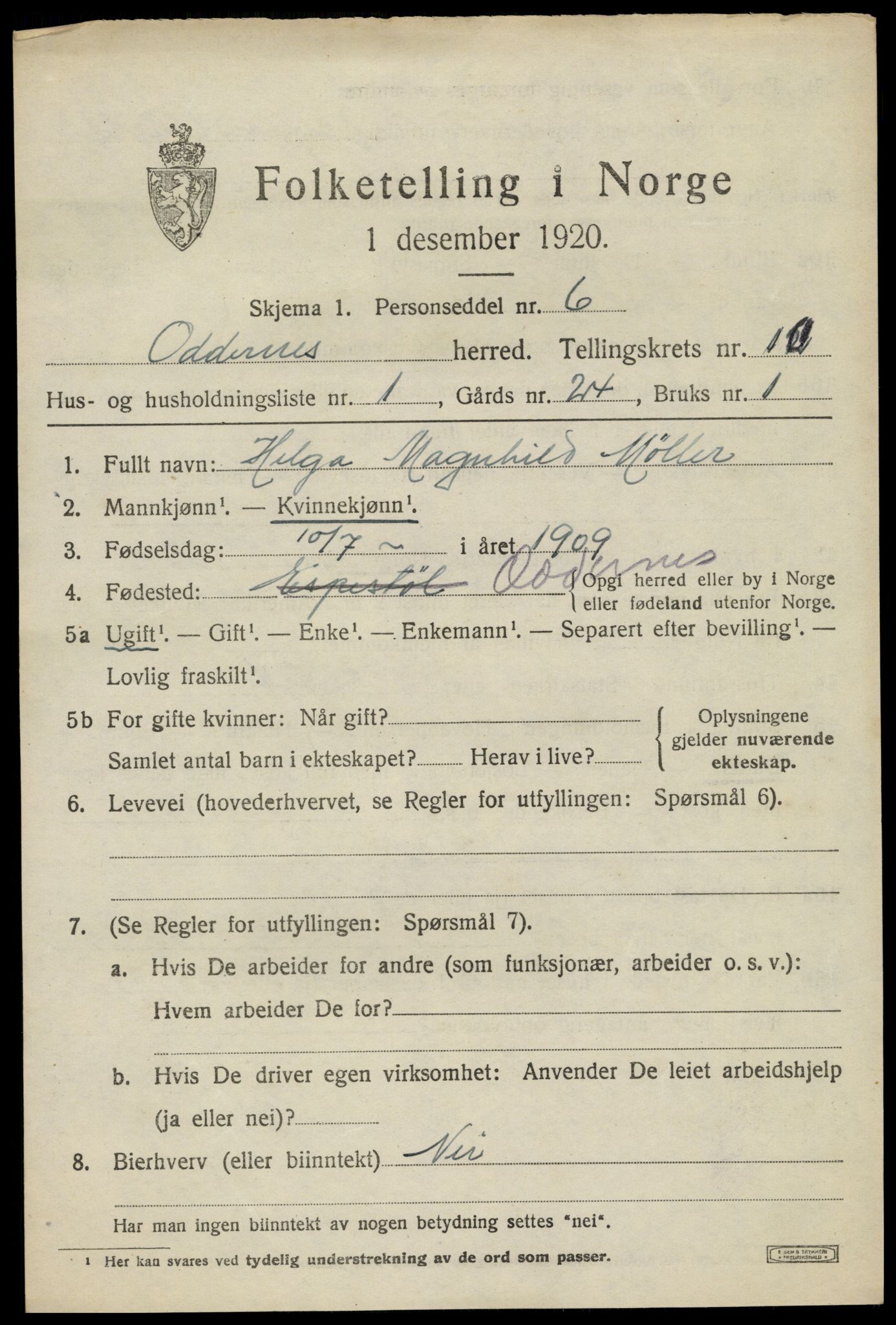 SAK, 1920 census for Oddernes, 1920, p. 6377