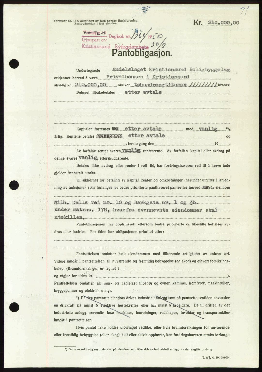 Kristiansund byfogd, AV/SAT-A-4587/A/27: Mortgage book no. 50, 1950-1950, Diary no: : 1364/1950