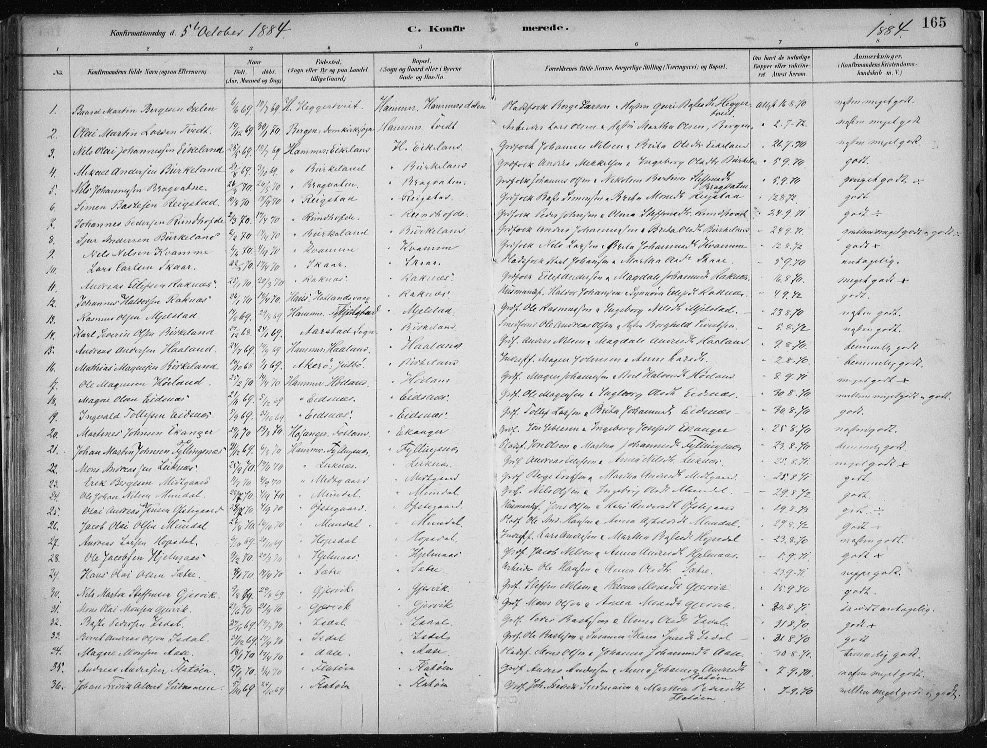 Hamre sokneprestembete, SAB/A-75501/H/Ha/Haa/Haab/L0001: Parish register (official) no. B  1, 1882-1905, p. 165