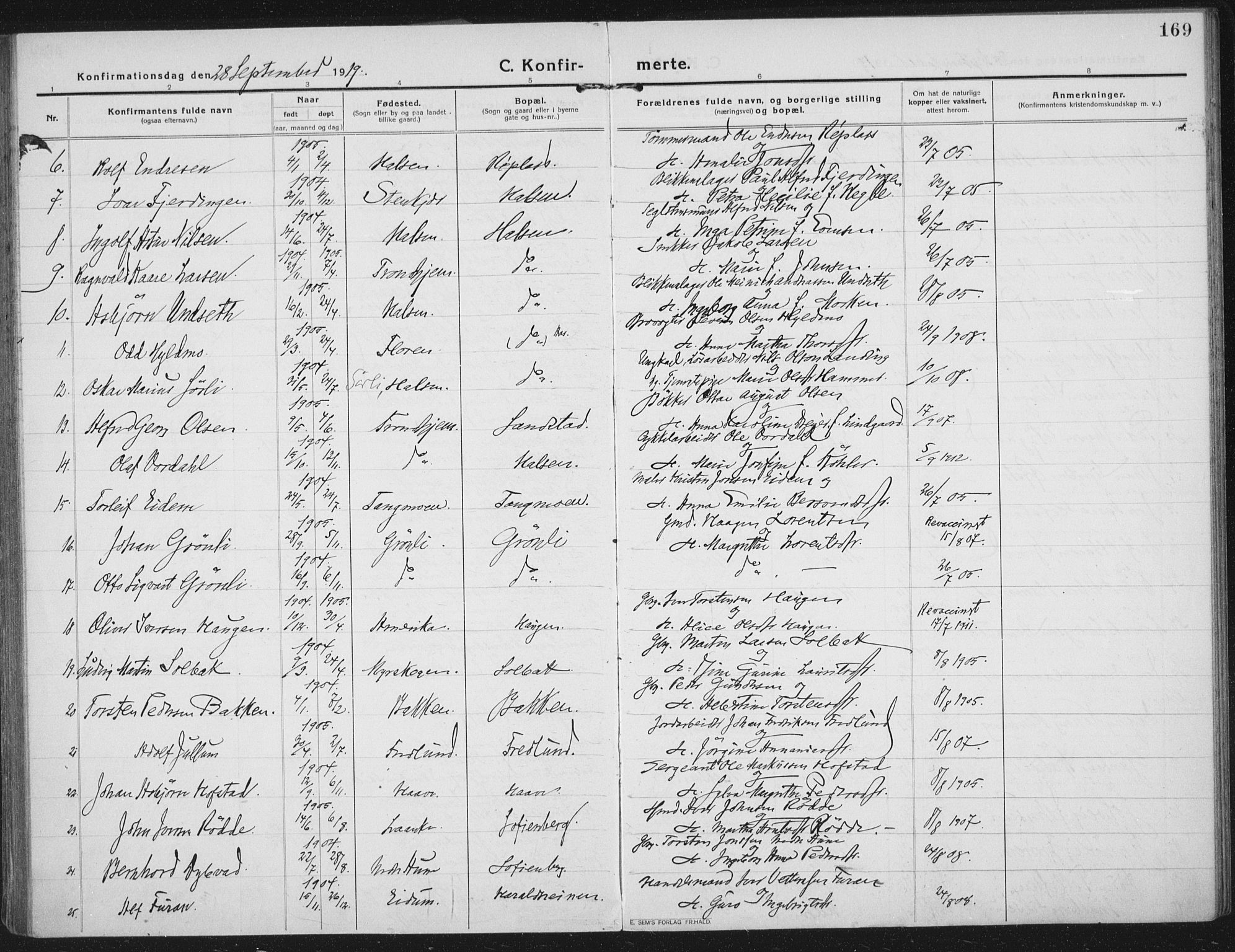 Ministerialprotokoller, klokkerbøker og fødselsregistre - Nord-Trøndelag, AV/SAT-A-1458/709/L0083: Parish register (official) no. 709A23, 1916-1928, p. 169